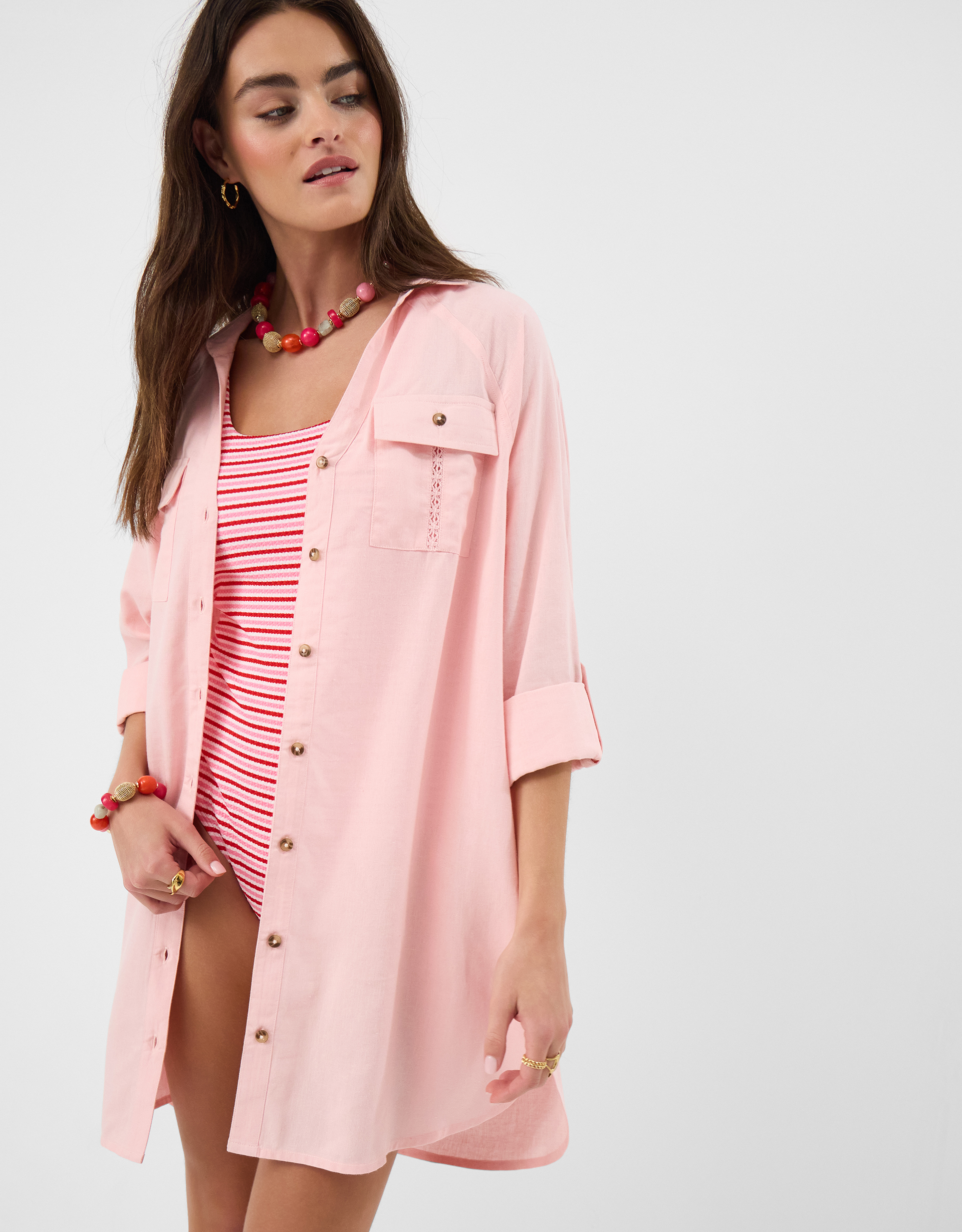 Accessorize Lace Trim Beach Cover Up Shirt, Pink, Size: XL