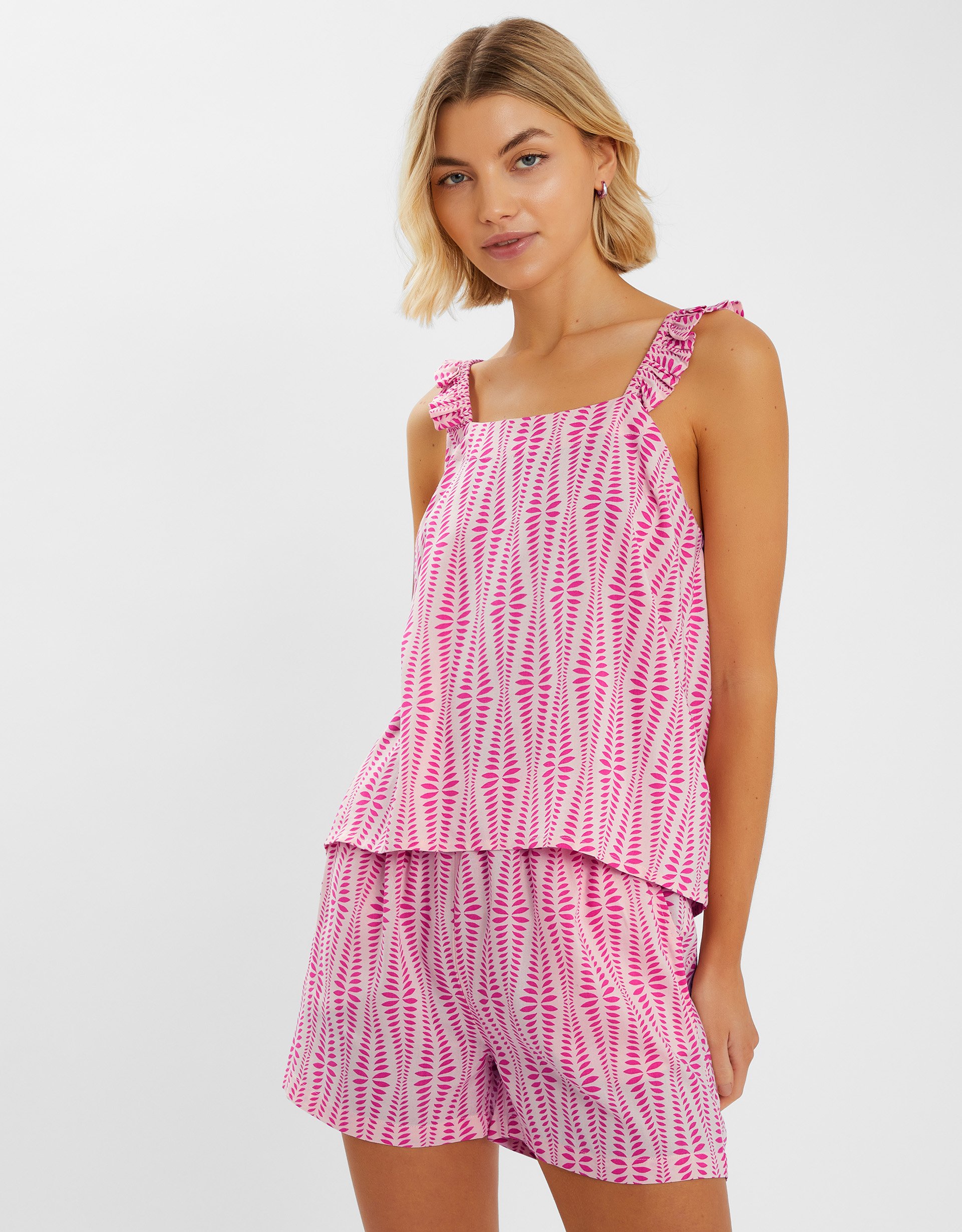 Ikat Frill Short Pyjamas Set Pink, Size: L - Accessorize
