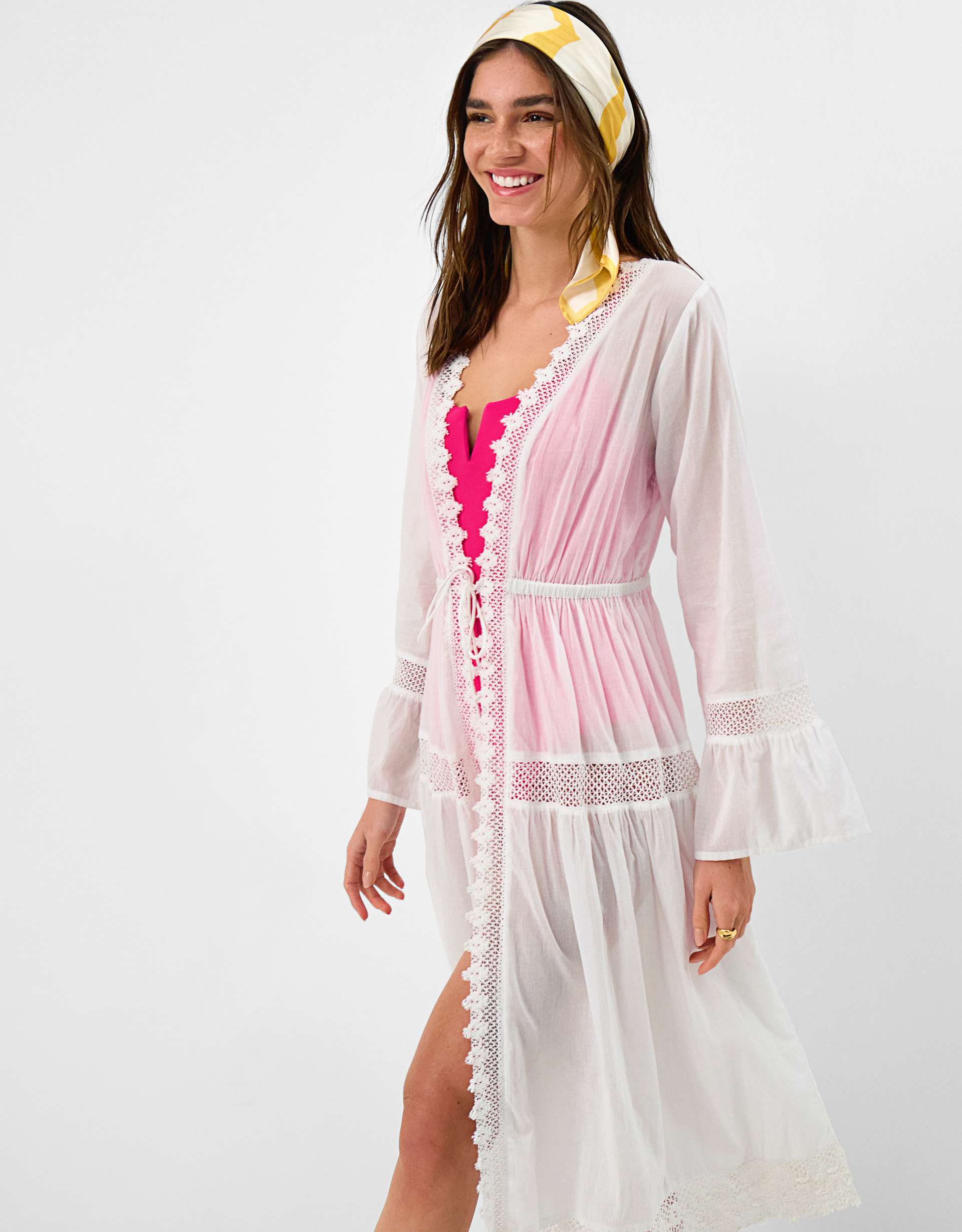 Accessorize Midi Kaftan Long Sleeve Lace Tie-Up Waist Cotton Trim White, Size: M