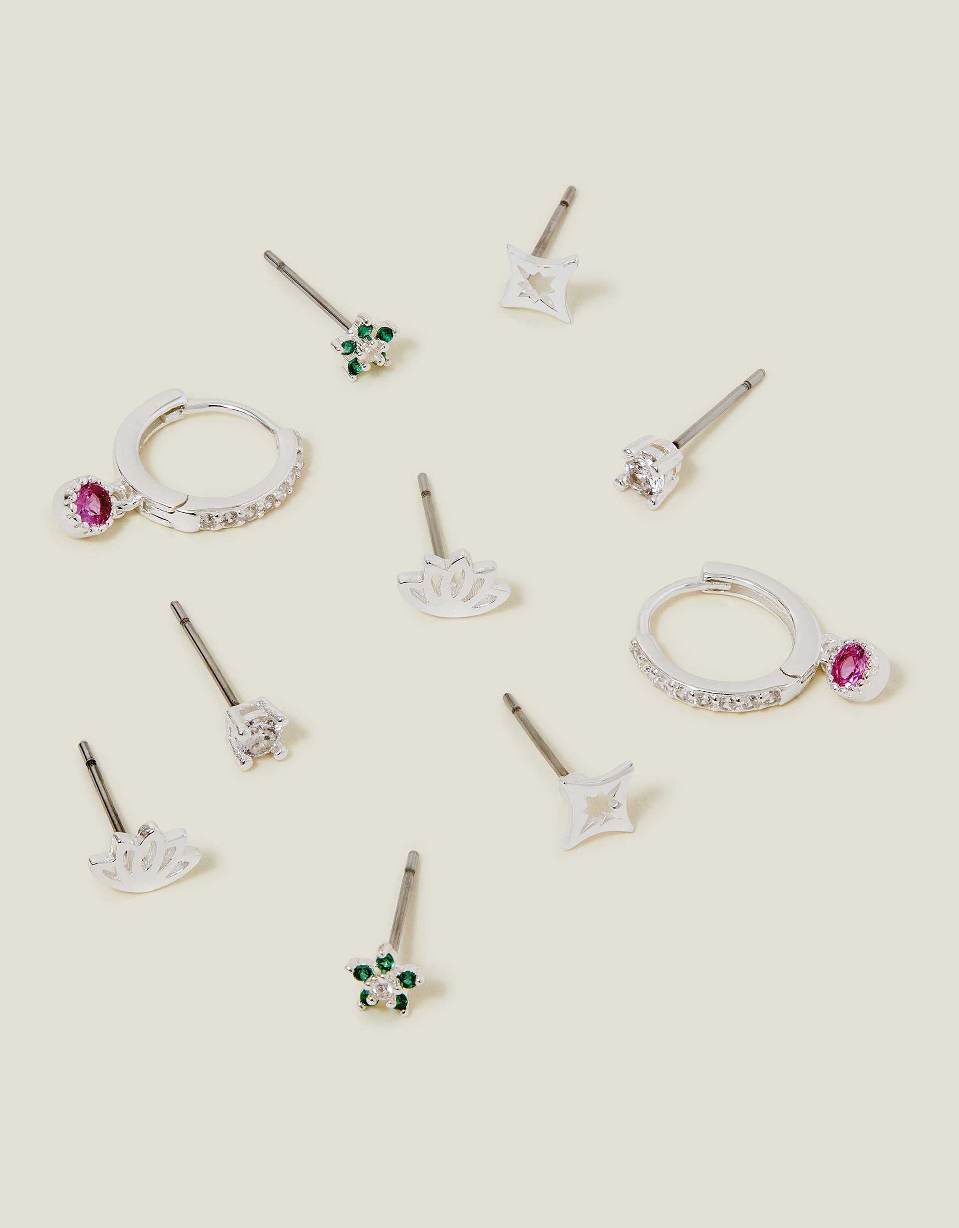 Green 5-Pack Sterling Silver-plated Sparkle Stud and Hoop Earrings - Accessorize