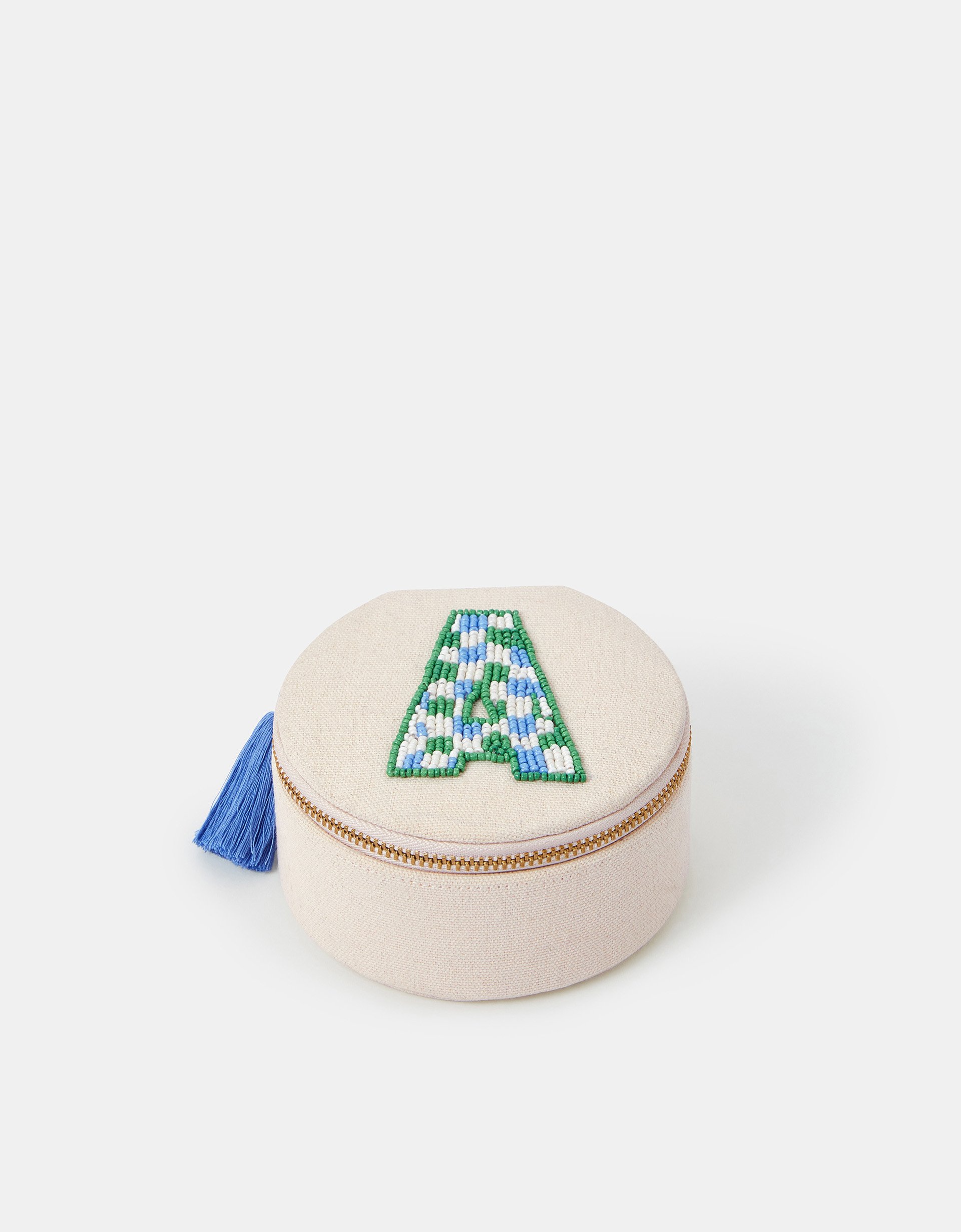 Mini Round Initial Embellished Jewellery Box Natural, Size: R - Accessorize