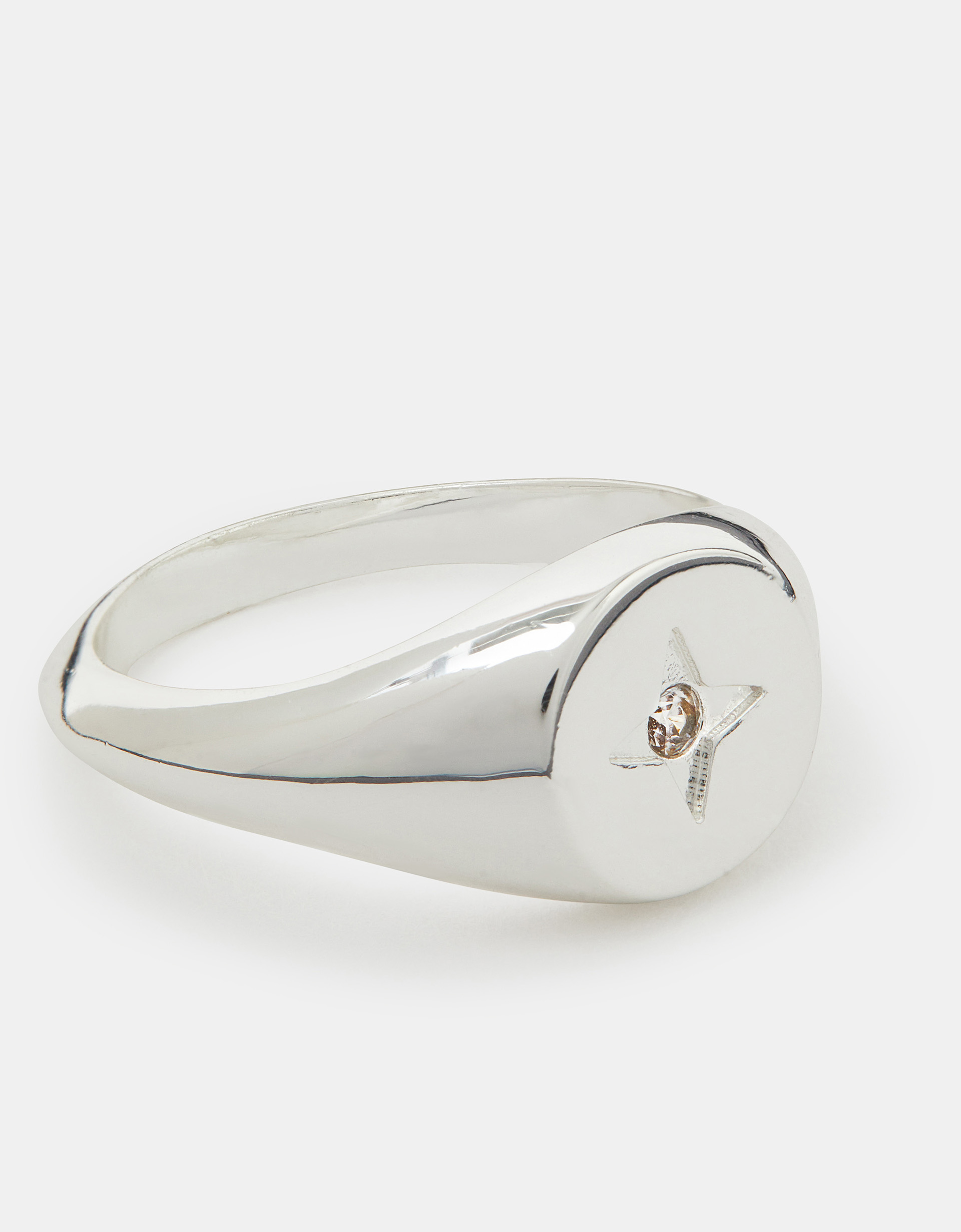 Sterling Silver-plated Star Diamanté Signet Ring Silver, Size: L - Accessorize