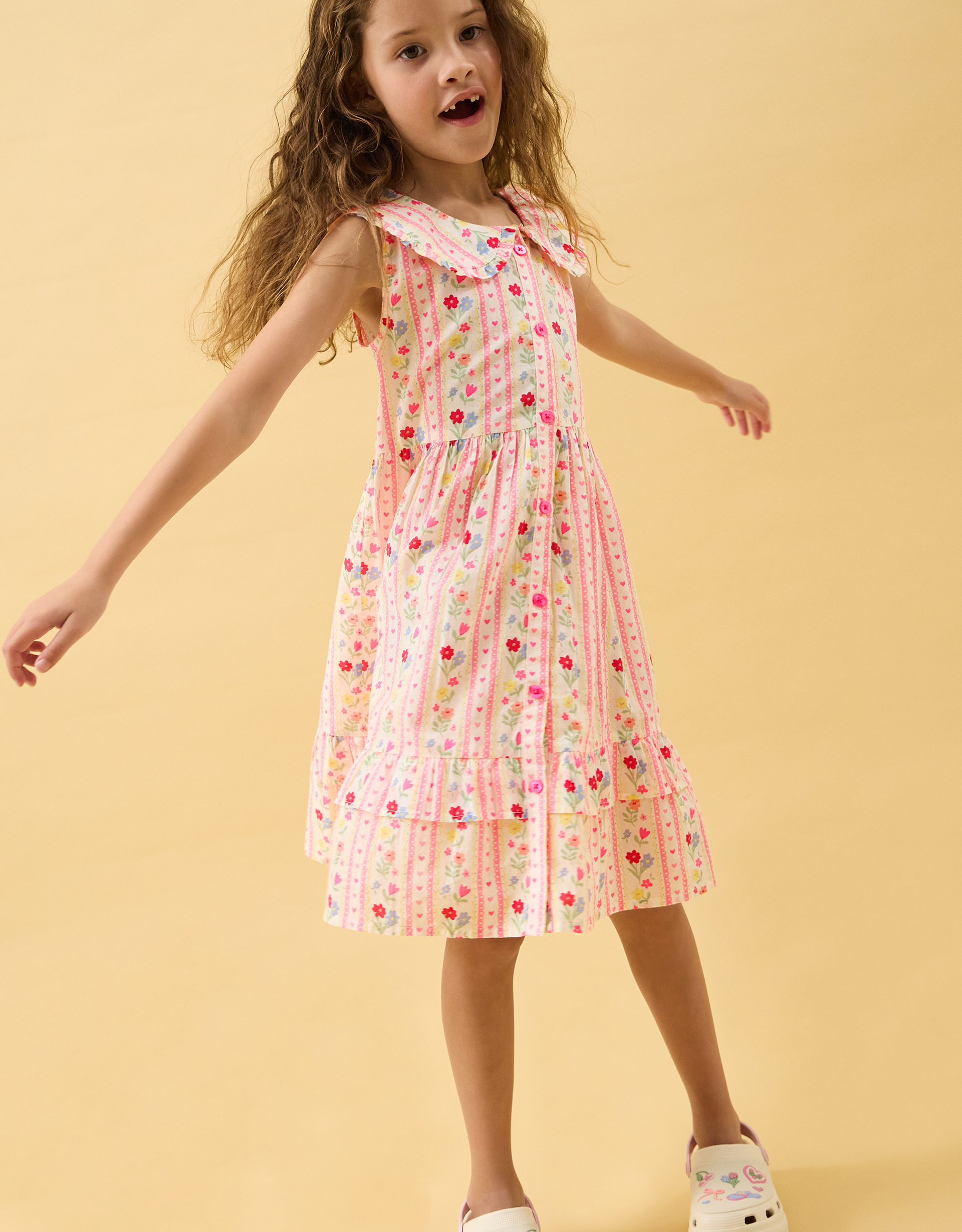 Accessorize Kids Cotton Floral Print Girls Sleeveless Dress Multi, White & Pink, Size: 9-10 Years