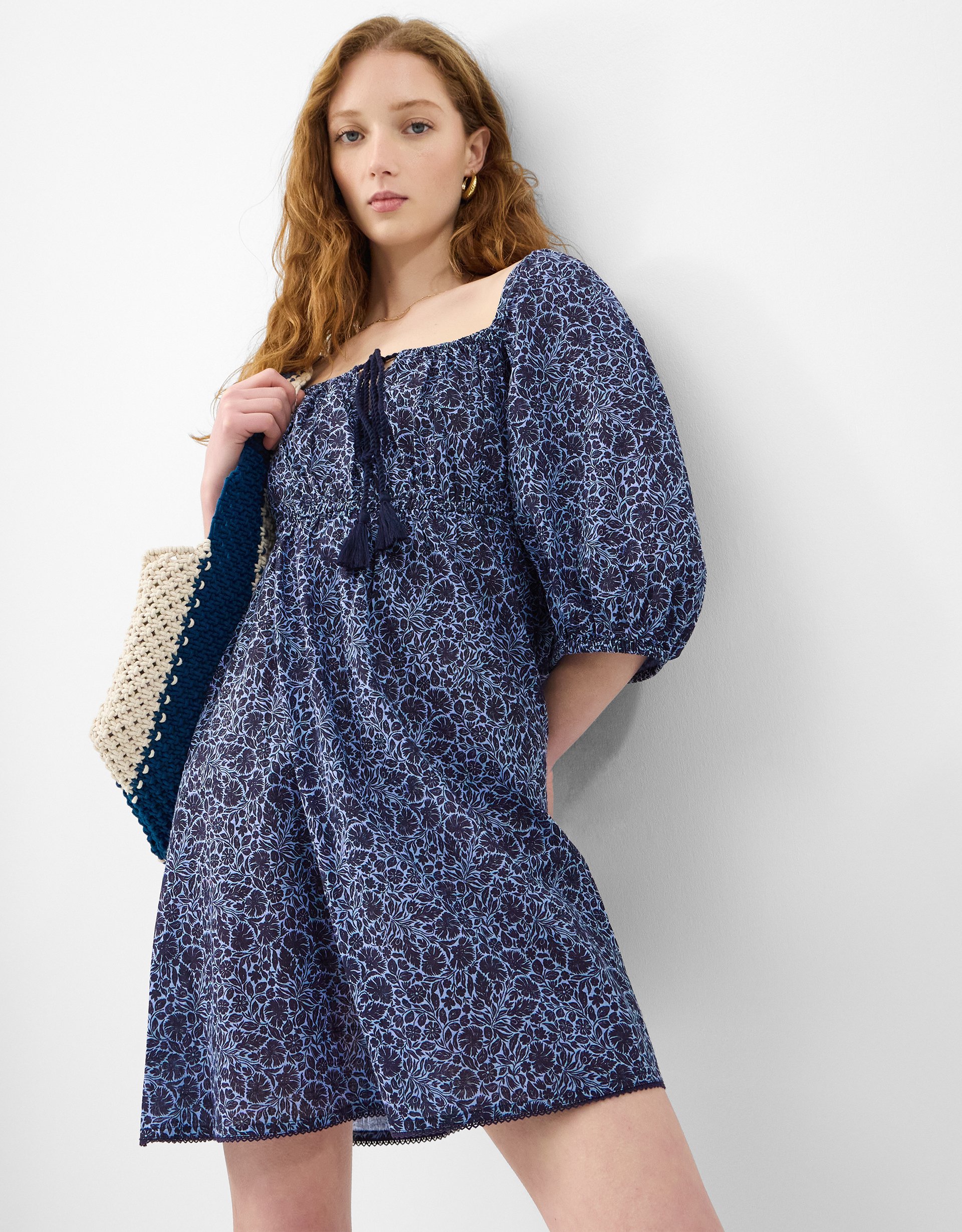 Accessorize Mini Print Puff Cotton Floral Sleeve Dress, Blue, Size: XS