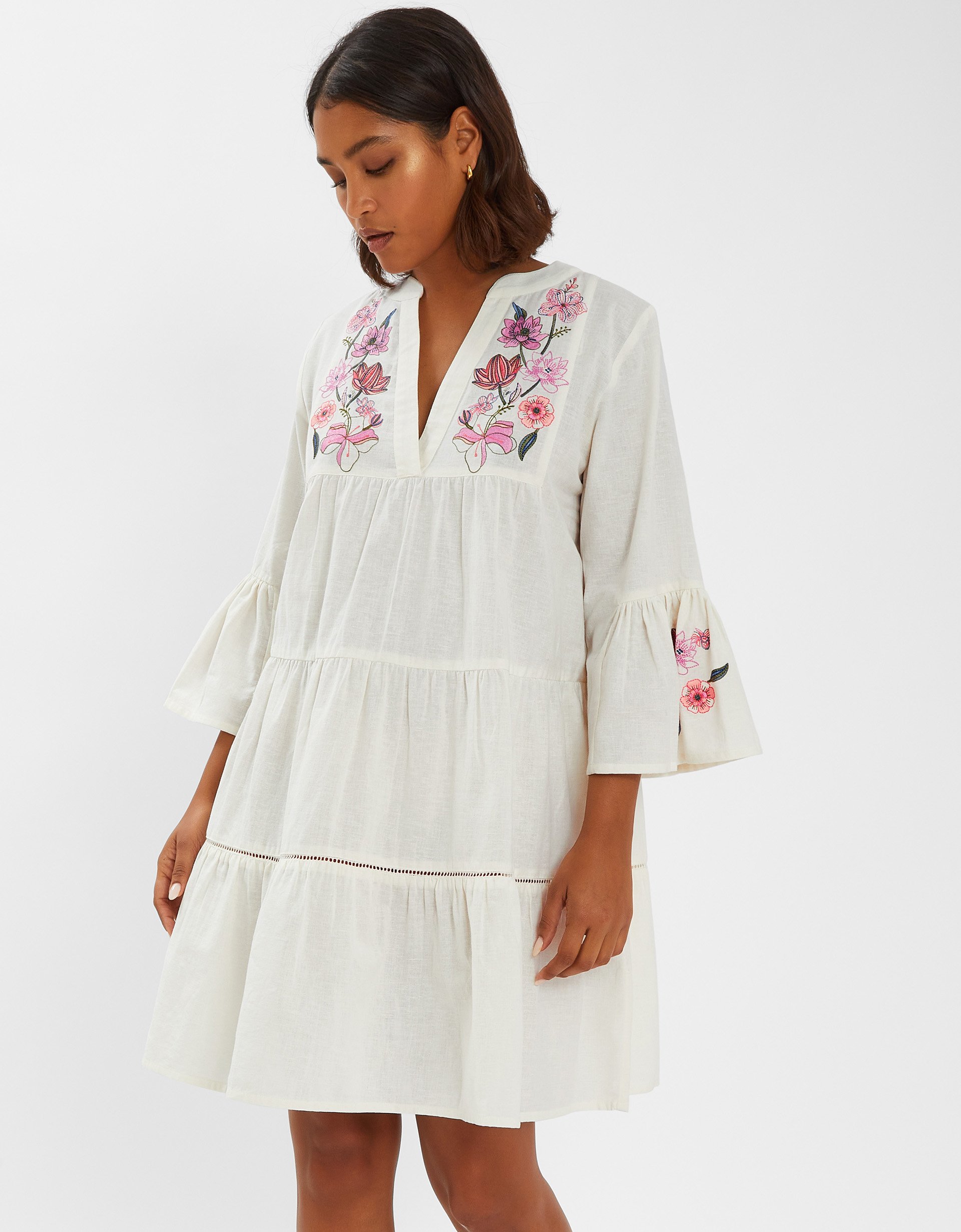 White & Pink Cotton Jasmine Embroidered Smock Dress, Size: M, Women's - Accessorize