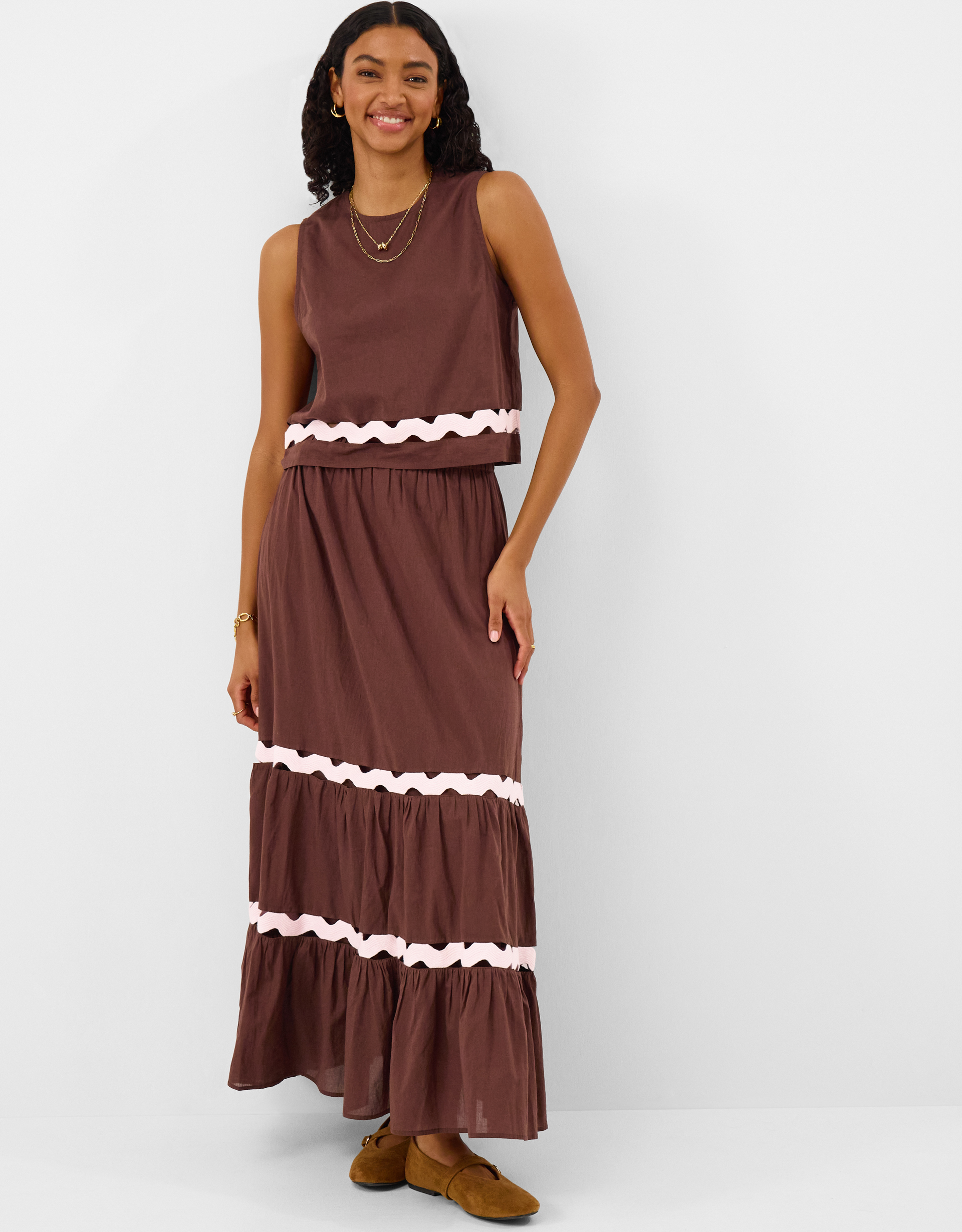 Accessorize Sleeveless Maxi Cotton Ric Rac Tiered Skirt Brown, Dark Size: L