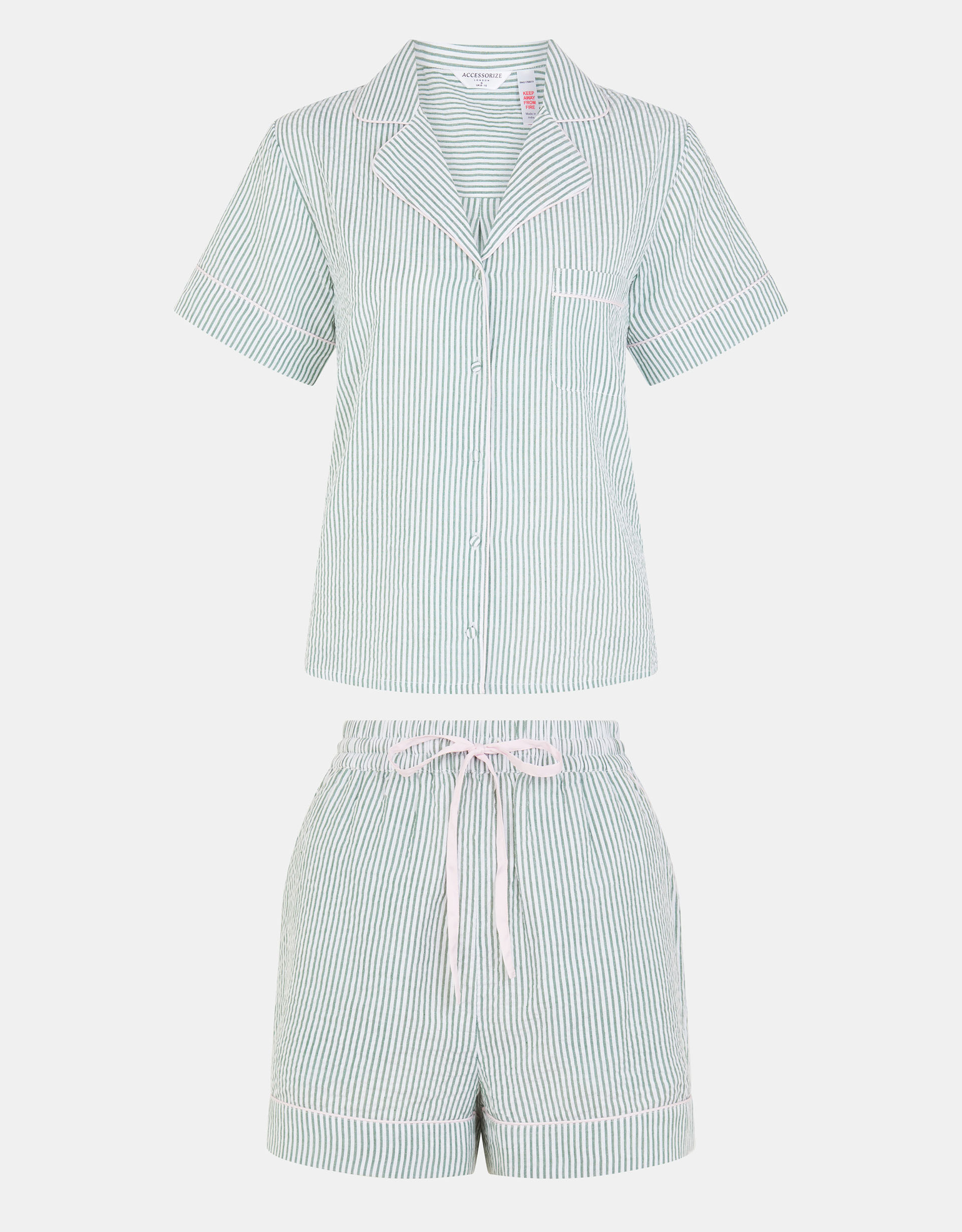 Stripe Cotton Short Pyjamas Set Green, Size: XS - Accessorize