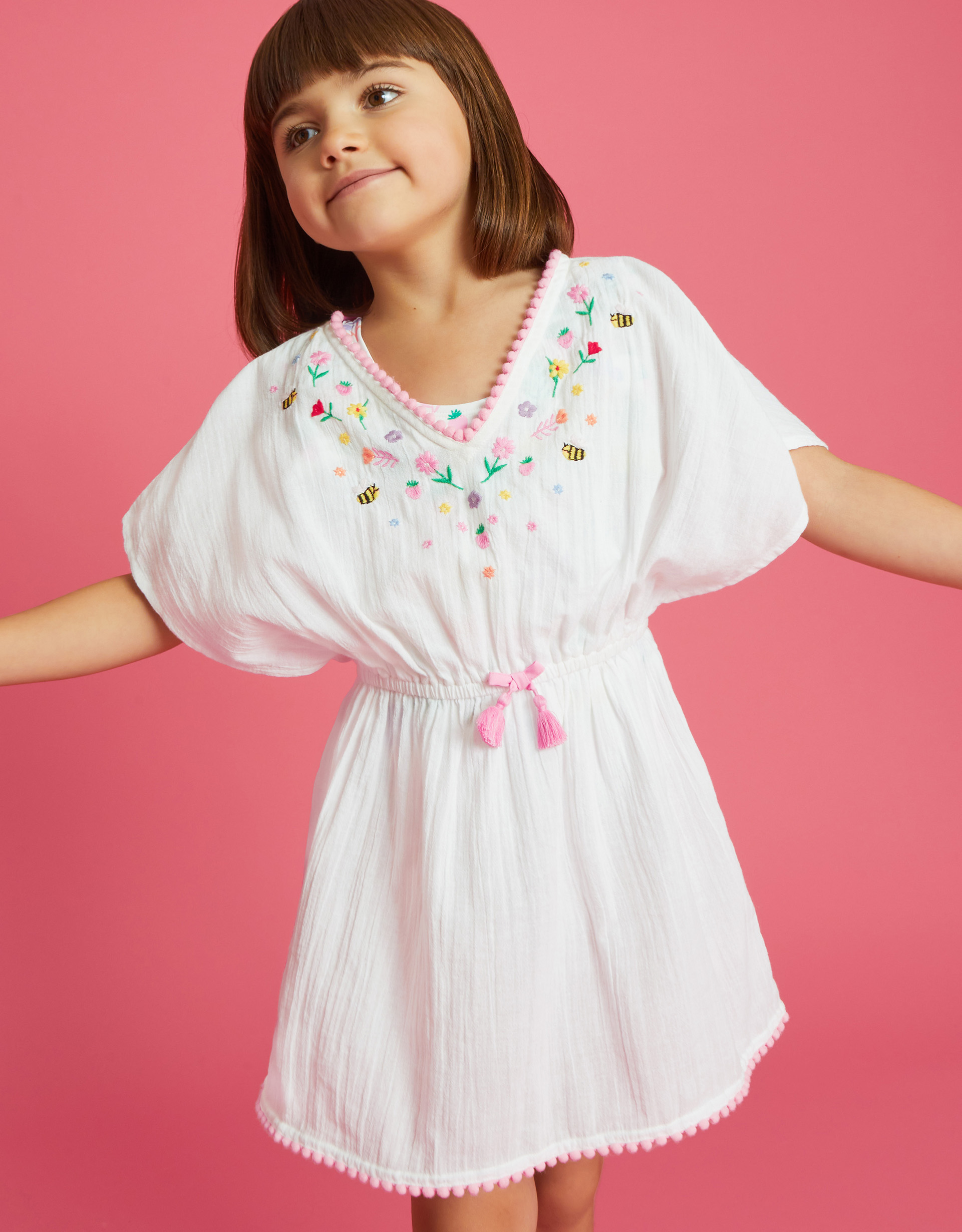 White & Pink Cotton Floral Embroidered Kaftan Dress, Size: 9-10 Years, Girl's - Accessorize Kids