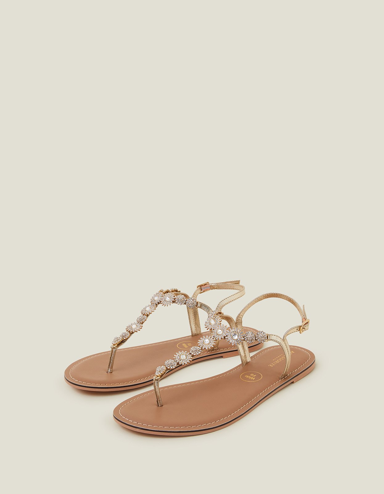 Accessorize Faux Leather Wide Fit Rome Sparkly Sandals, Gold, Size: 41