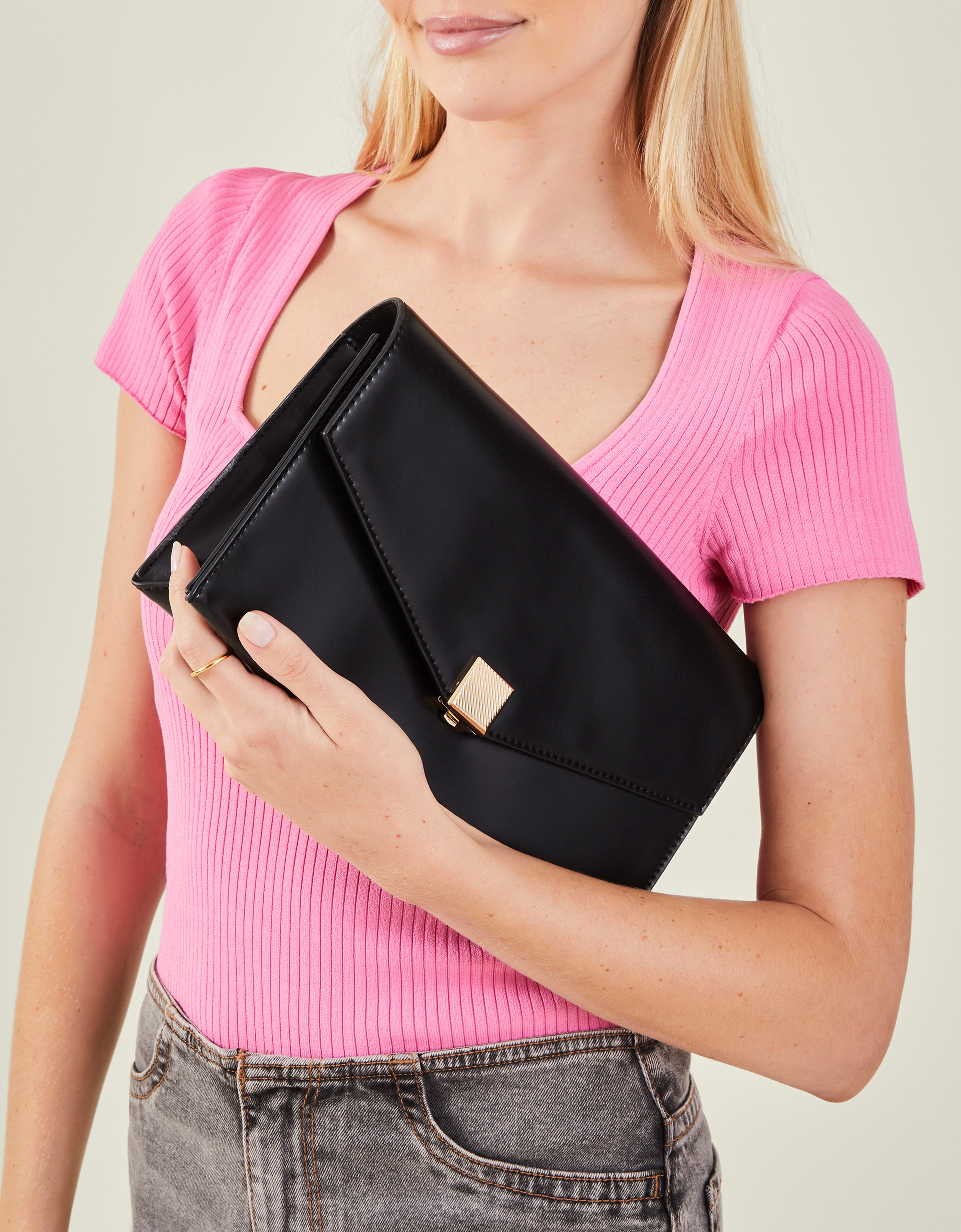 Black and Gold Oversized Envelope Clutch Bag, Size: 15x28cm, Women's - Accessorize