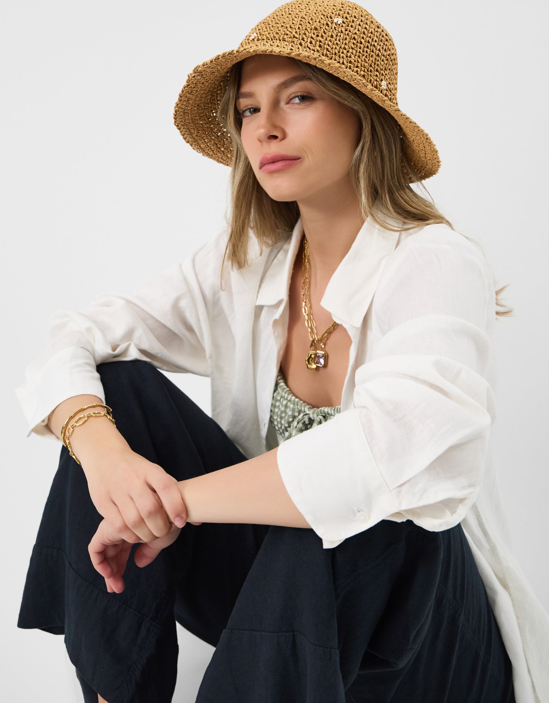 Accessorize Floral Beaded Flower Straw Bucket Hat, Tan