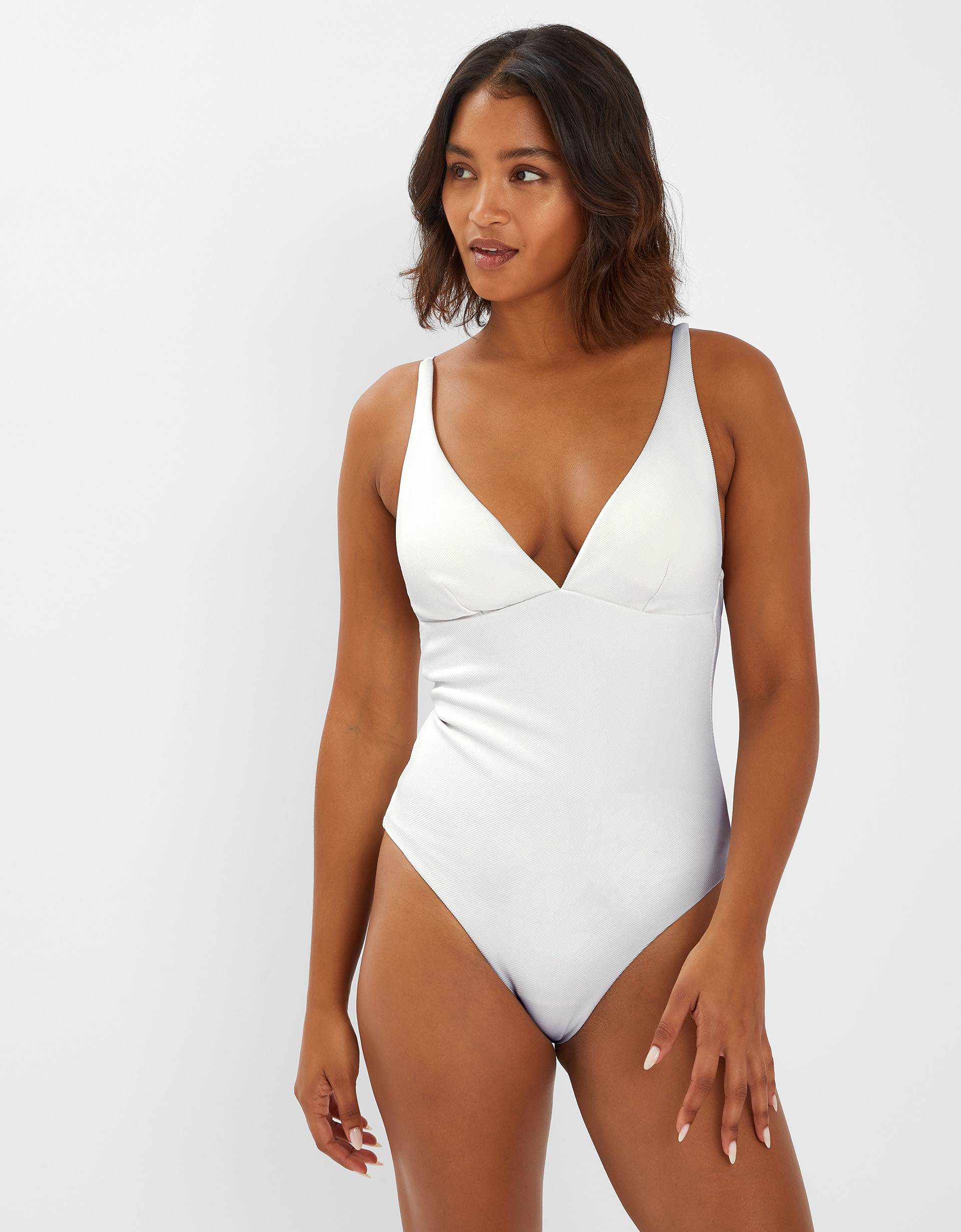 Plunge Ribbed Shaping Swimsuit Ivory, Size: 20 - Accessorize