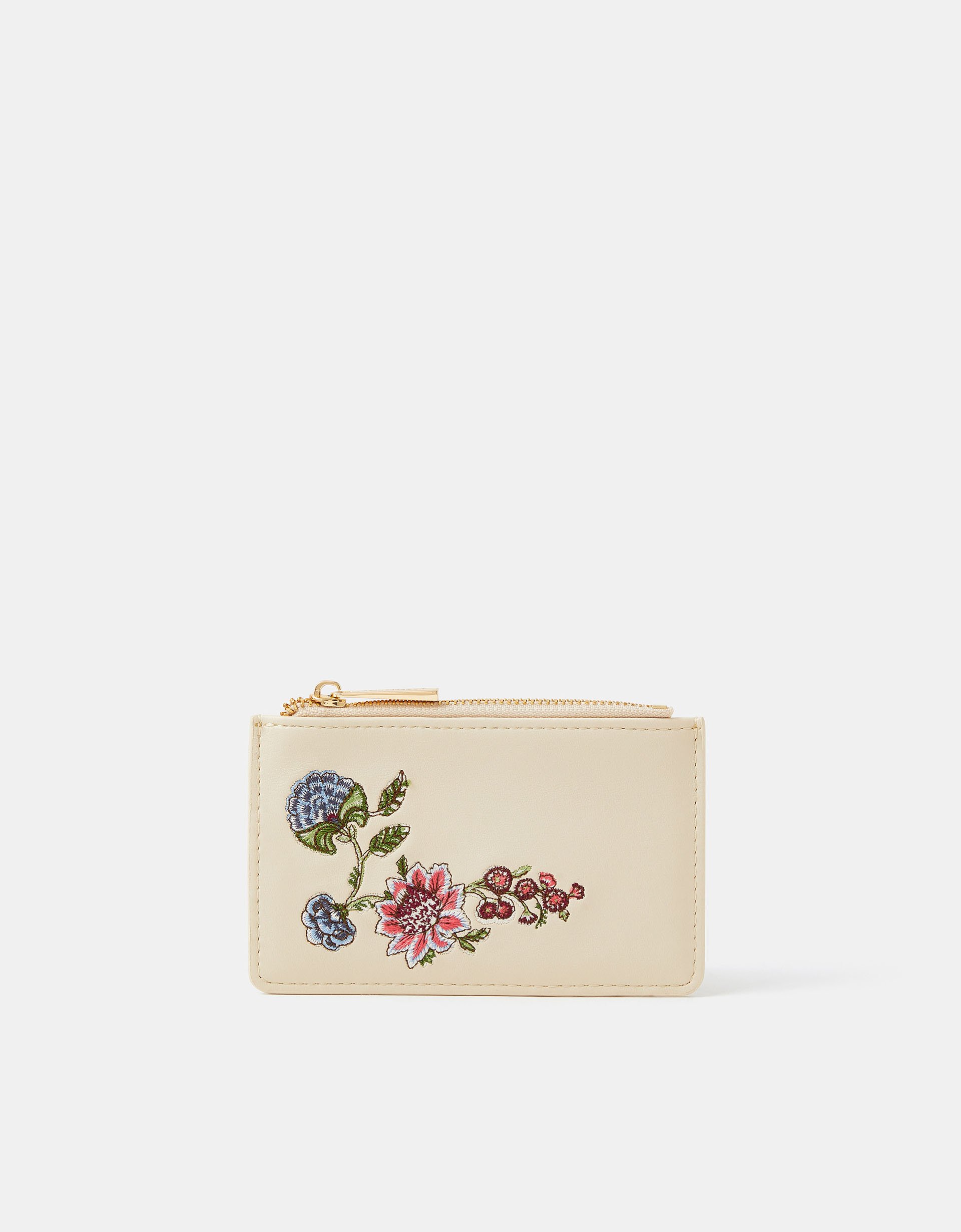 Accessorize Faux Leather Embroidered Floral Card Holder, Red