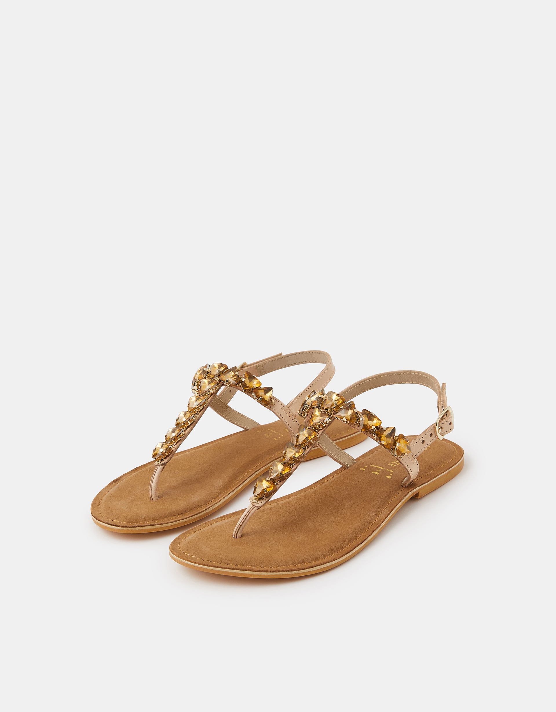 Accessorize Leather Gemstone Sandals, Gold, Size: 36