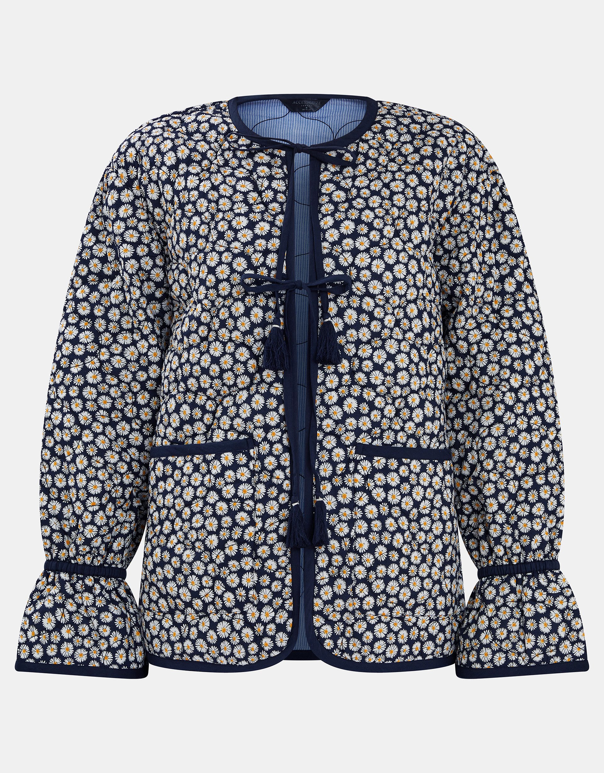 Daisy Print Tie-front Quilted Jacket Blue, Size: L - Accessorize