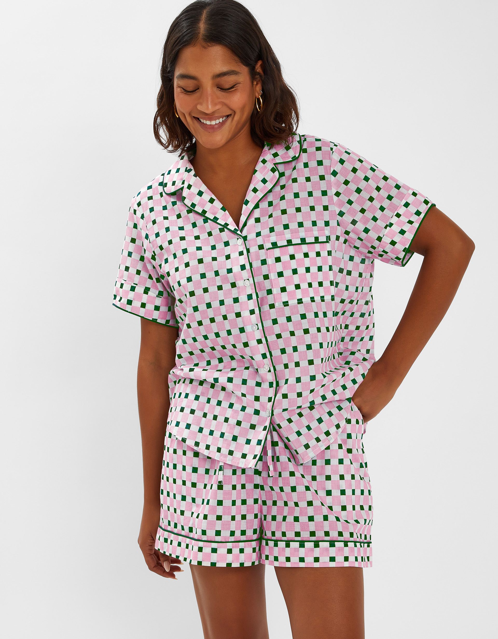 Pink, Green & White Cotton Checkerboard Short Pyjama Set, Size: L, Women's - Accessorize