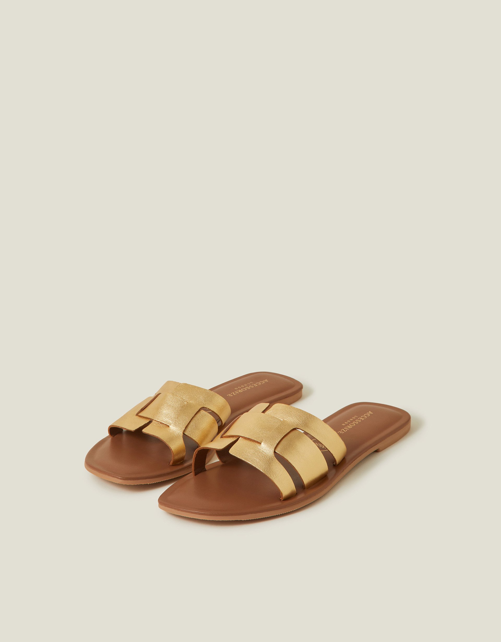 Wide Fit Metallic Leather Cut-out Slide Sandals Gold, Size: 40 - Accessorize