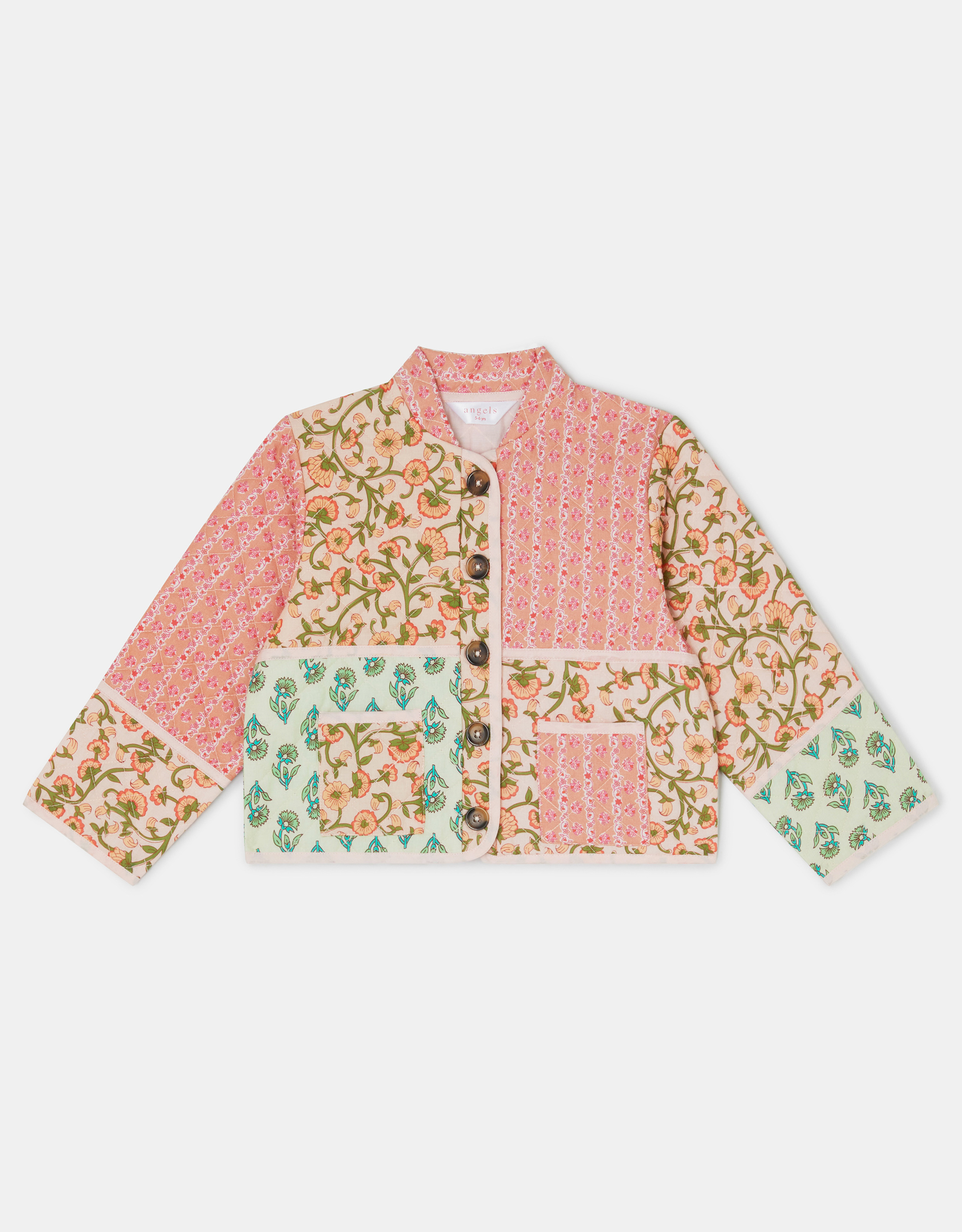 Pink & Green Floral Patchwork Cotton Quilted Jacket, Size: 7-8 Years, Girls - Accessorize
