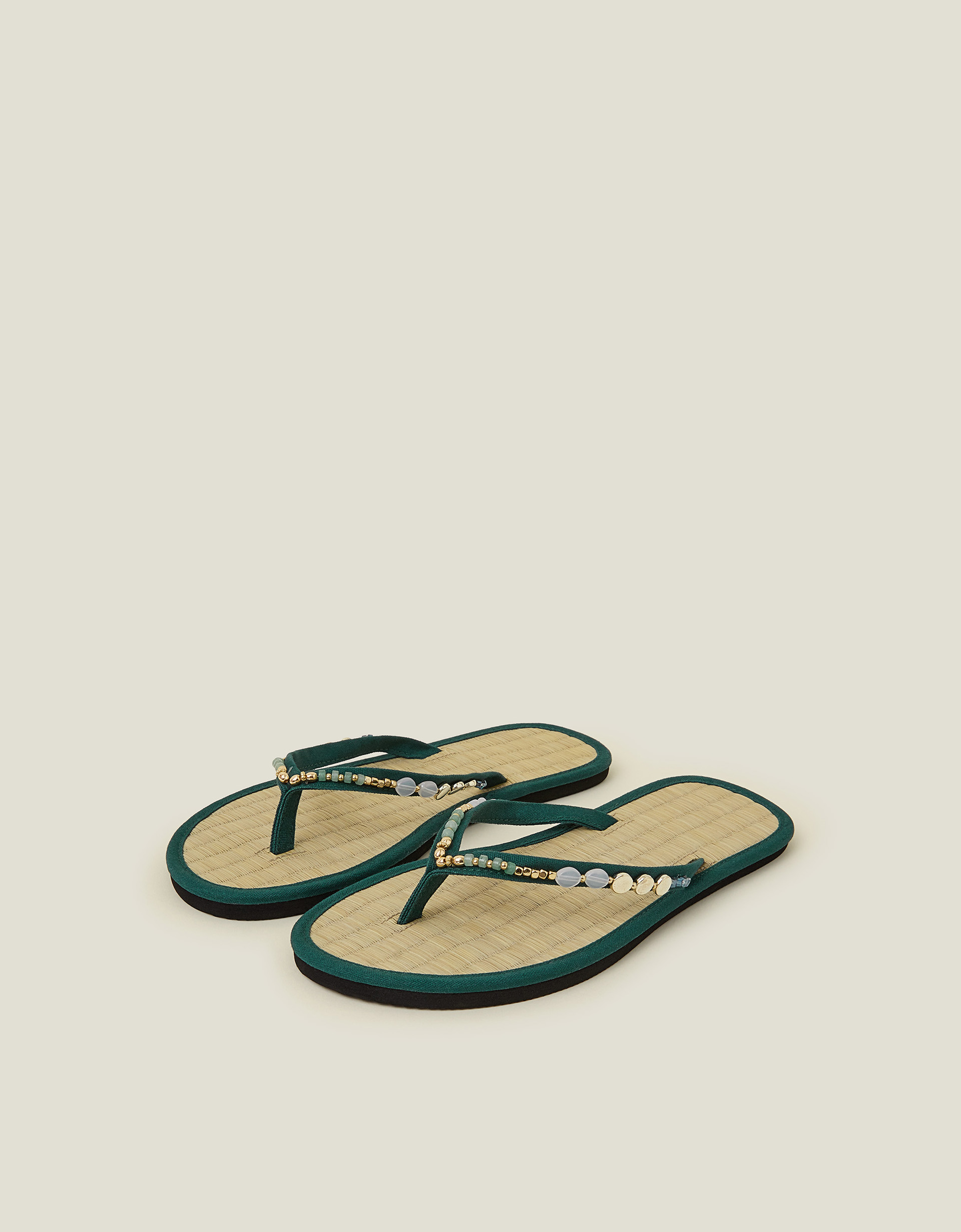 Beaded Seagrass Footbed Flip Flops Green, Size: L - Accessorize