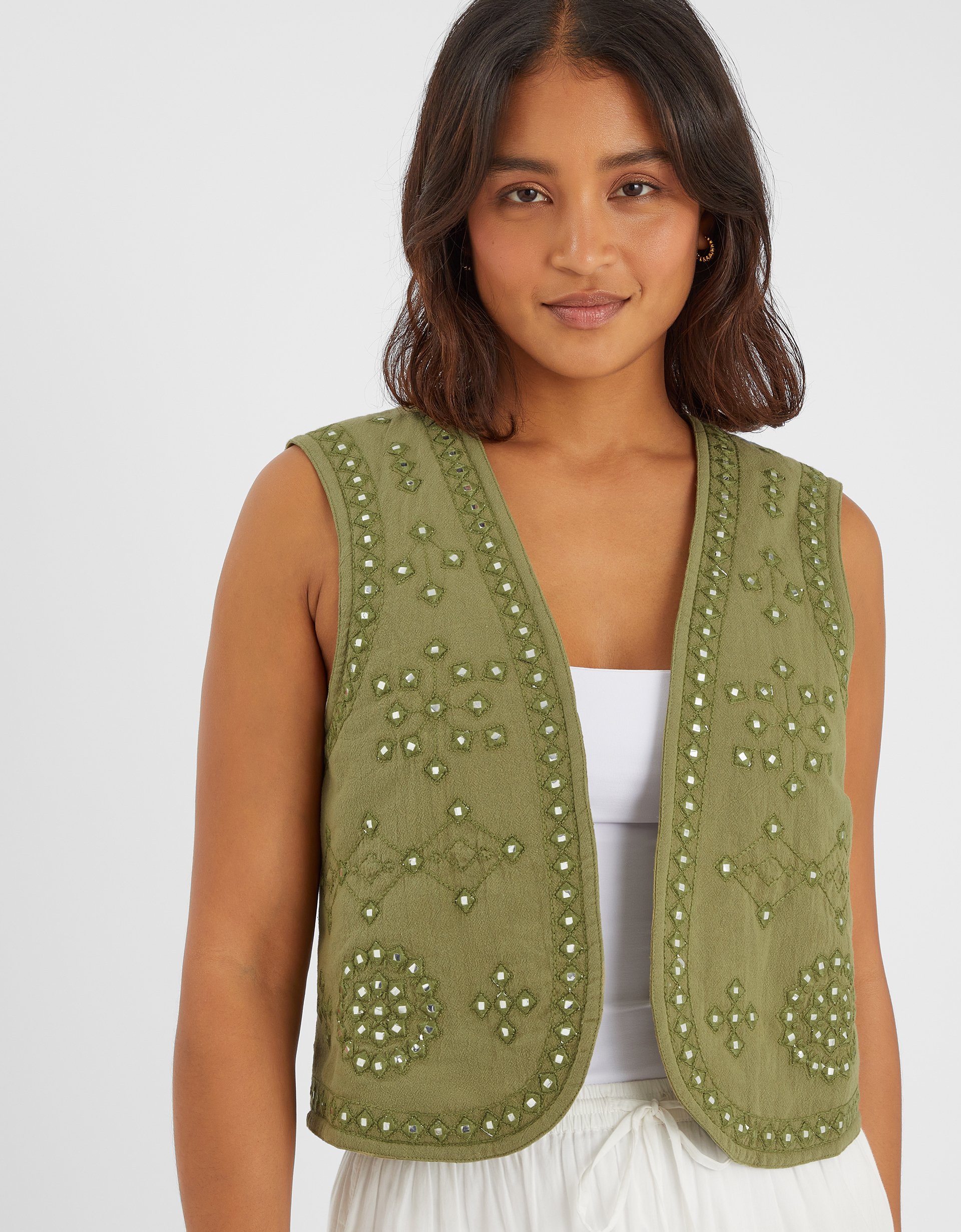 Khaki Cotton Mirror Embellished Quilted Waistcoat, Size: S, Women's - Accessorize