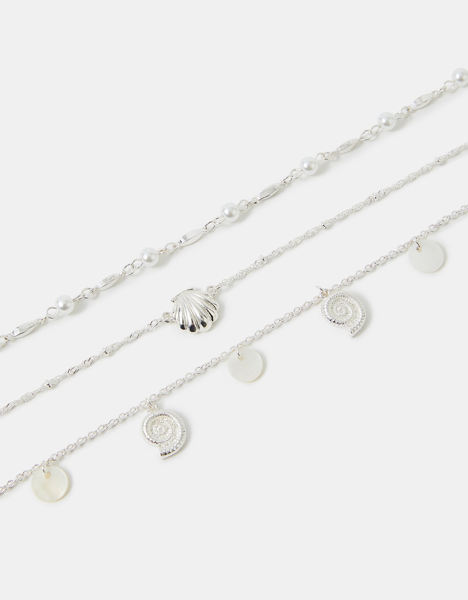 Accessorize Steel 3-Pack Shell Charm Anklets, Silver, Size: 24cm