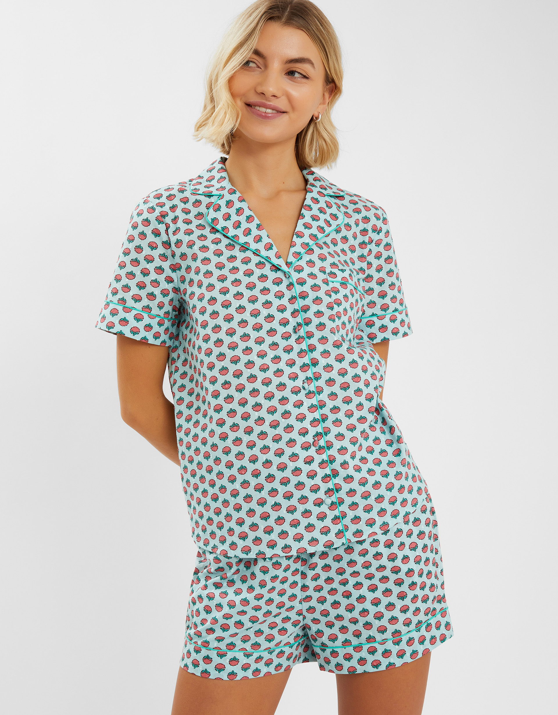 Blue & Pink Floral Print Cotton Short Pyjamas Set, Size: L, Women's - Accessorize