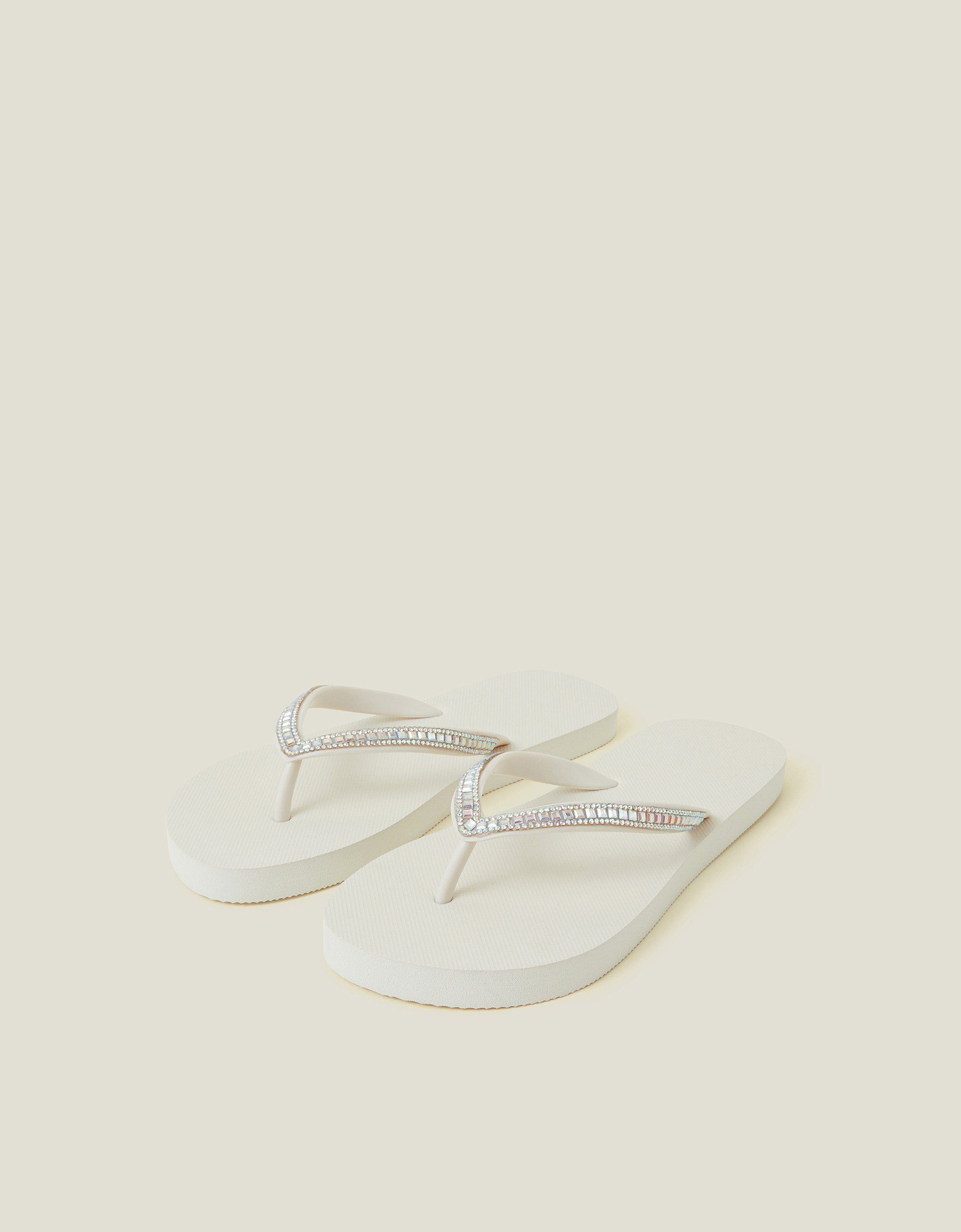 Crystal Embellished Flip Flops Cream, Size: L - Accessorize