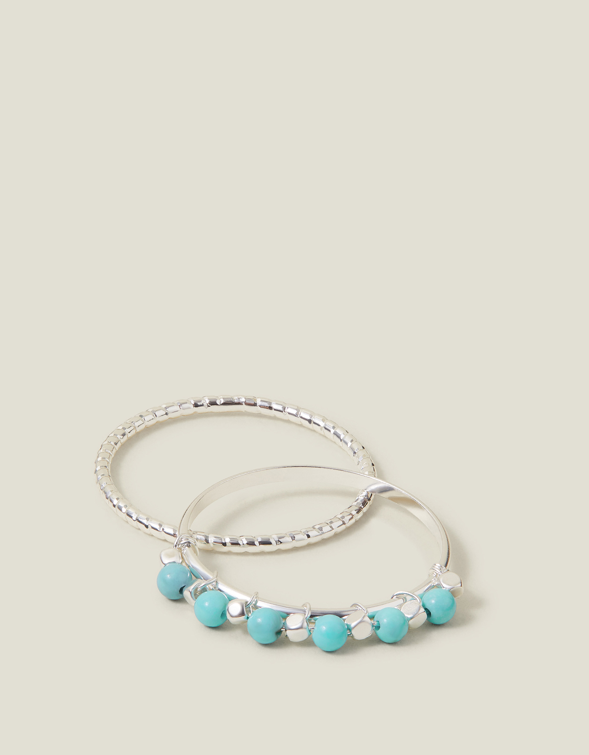 2-Pack Sterling Silver-plated Turquoise Bead Rings Silver, Size: M, Women's - Accessorize