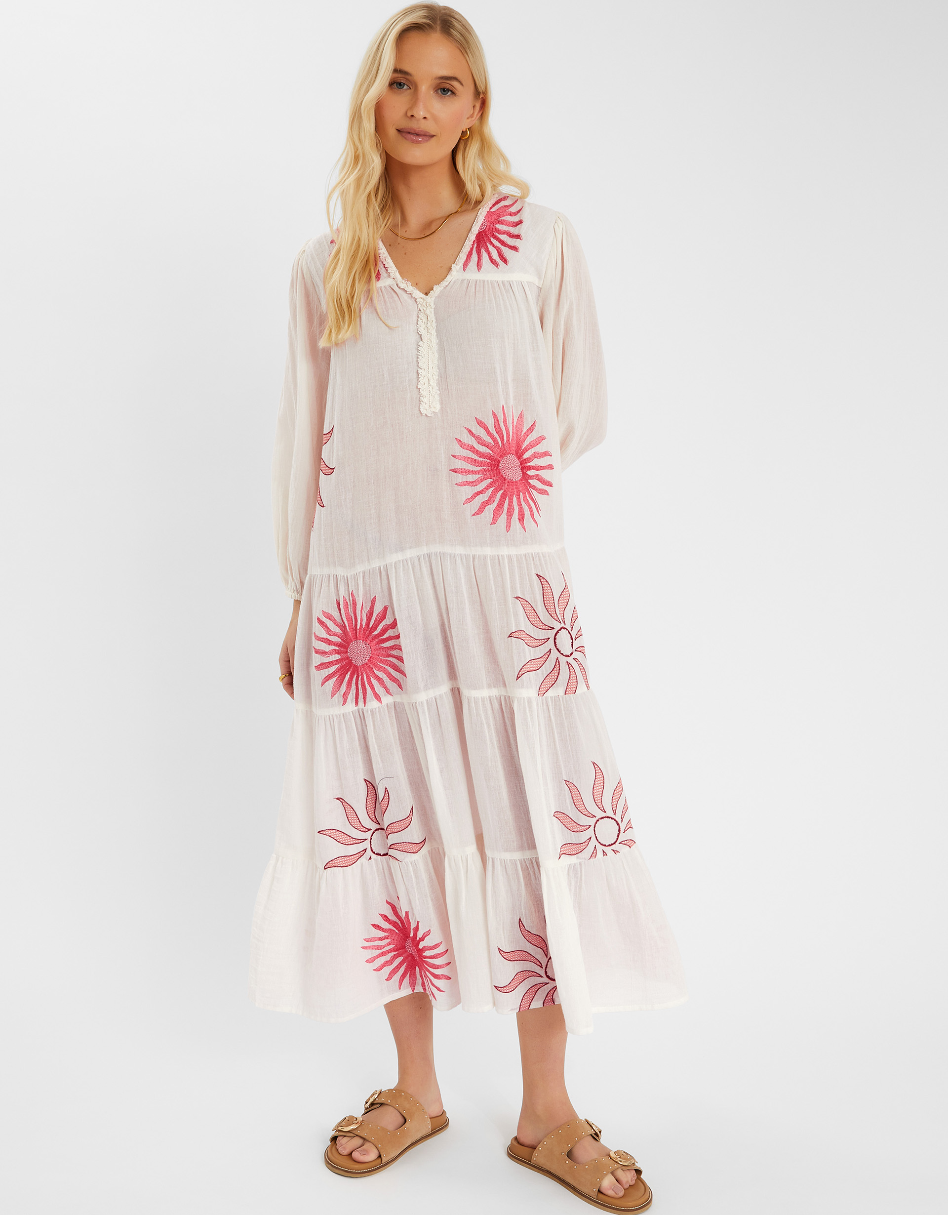 Sun Embroidered Long-sleeve Maxi Dress Ivory, Size: S - Accessorize