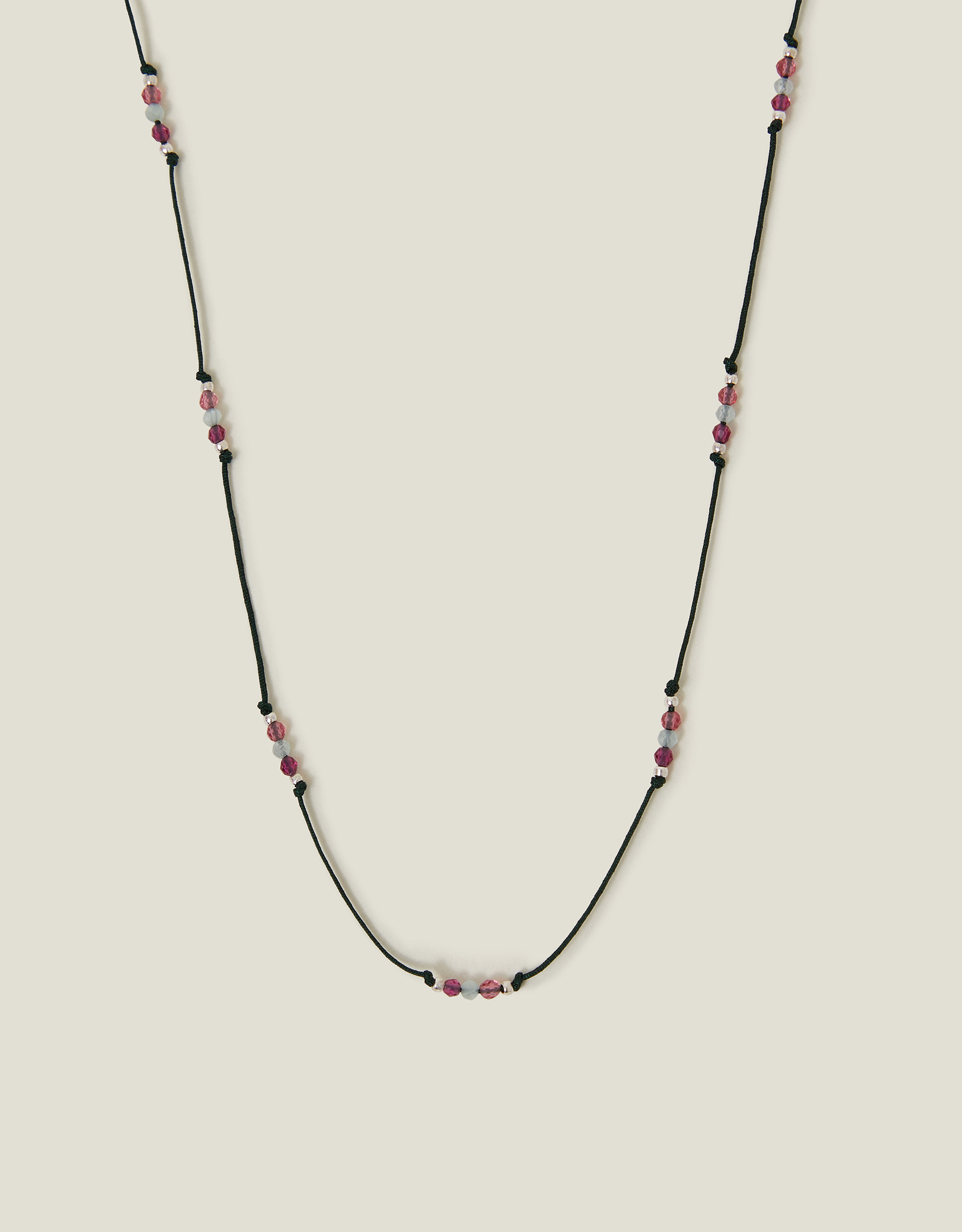 Black Sterling Silver-plated Beaded Cord Station Necklace - Accessorize