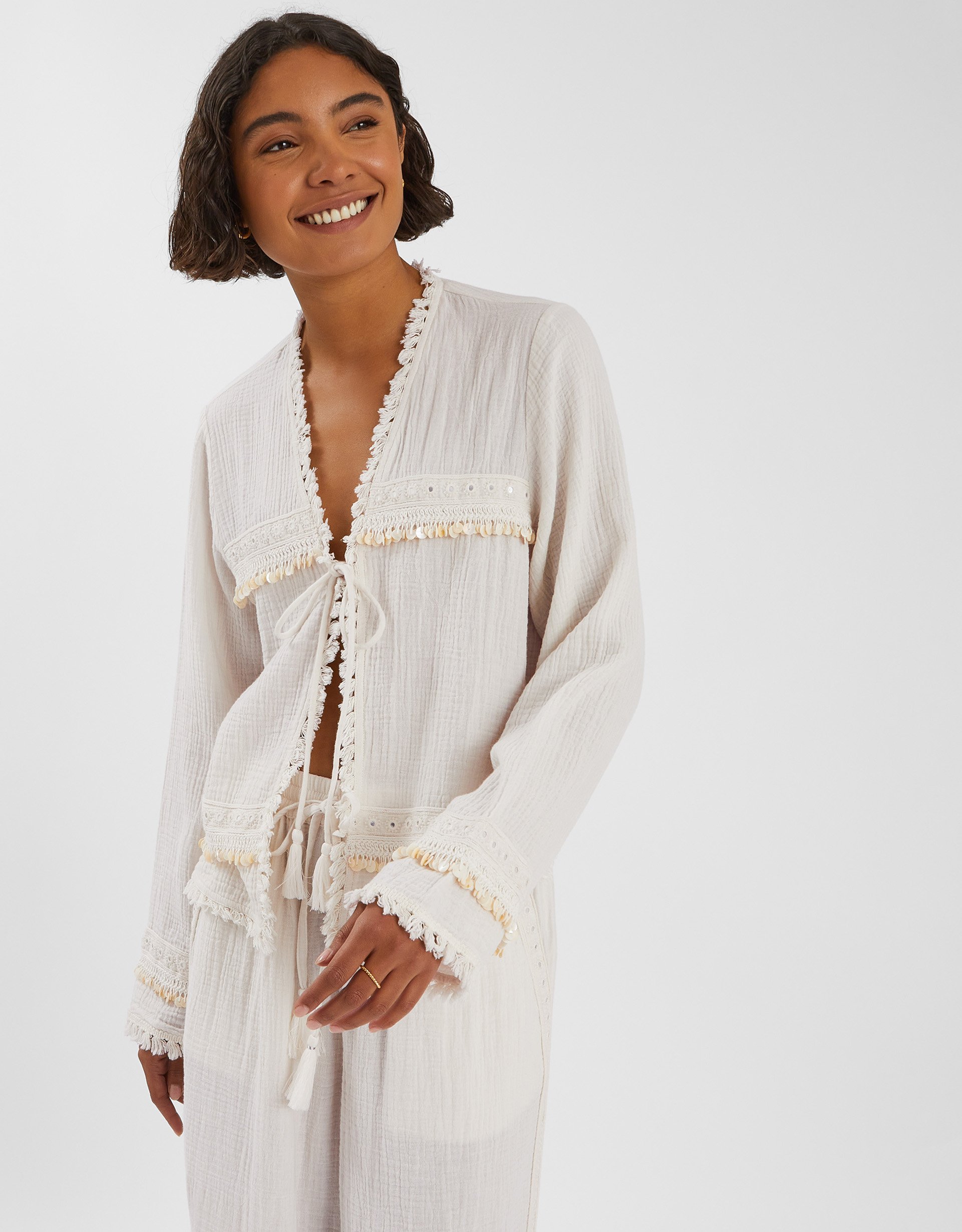 Mirror Embellished Long Sleeve Tie Top Ivory, Size: S - Accessorize
