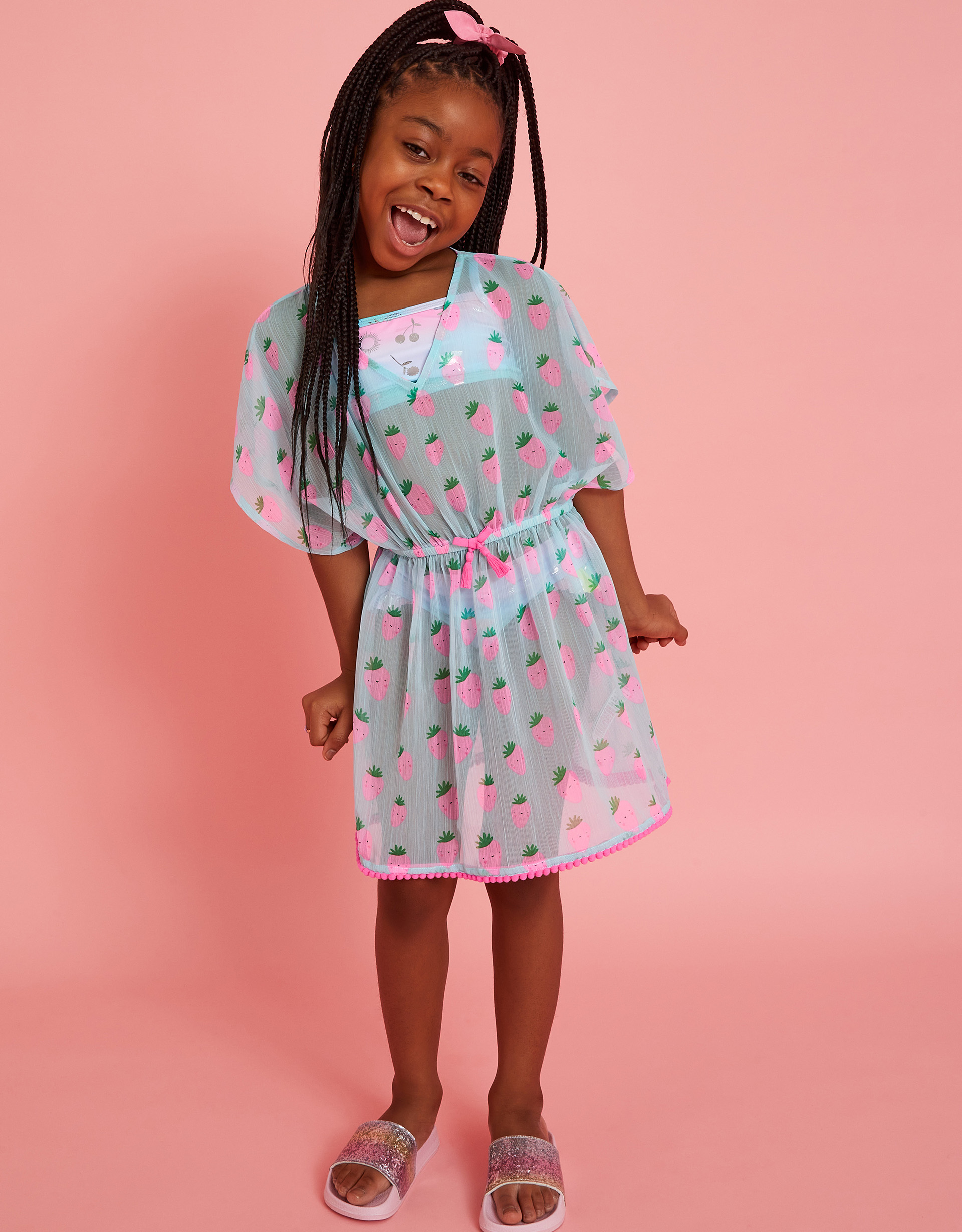 Light Blue, Pink & Green Strawberry Print Kaftan, Size: 7-8 Years, Girl's - Accessorize Toddler's