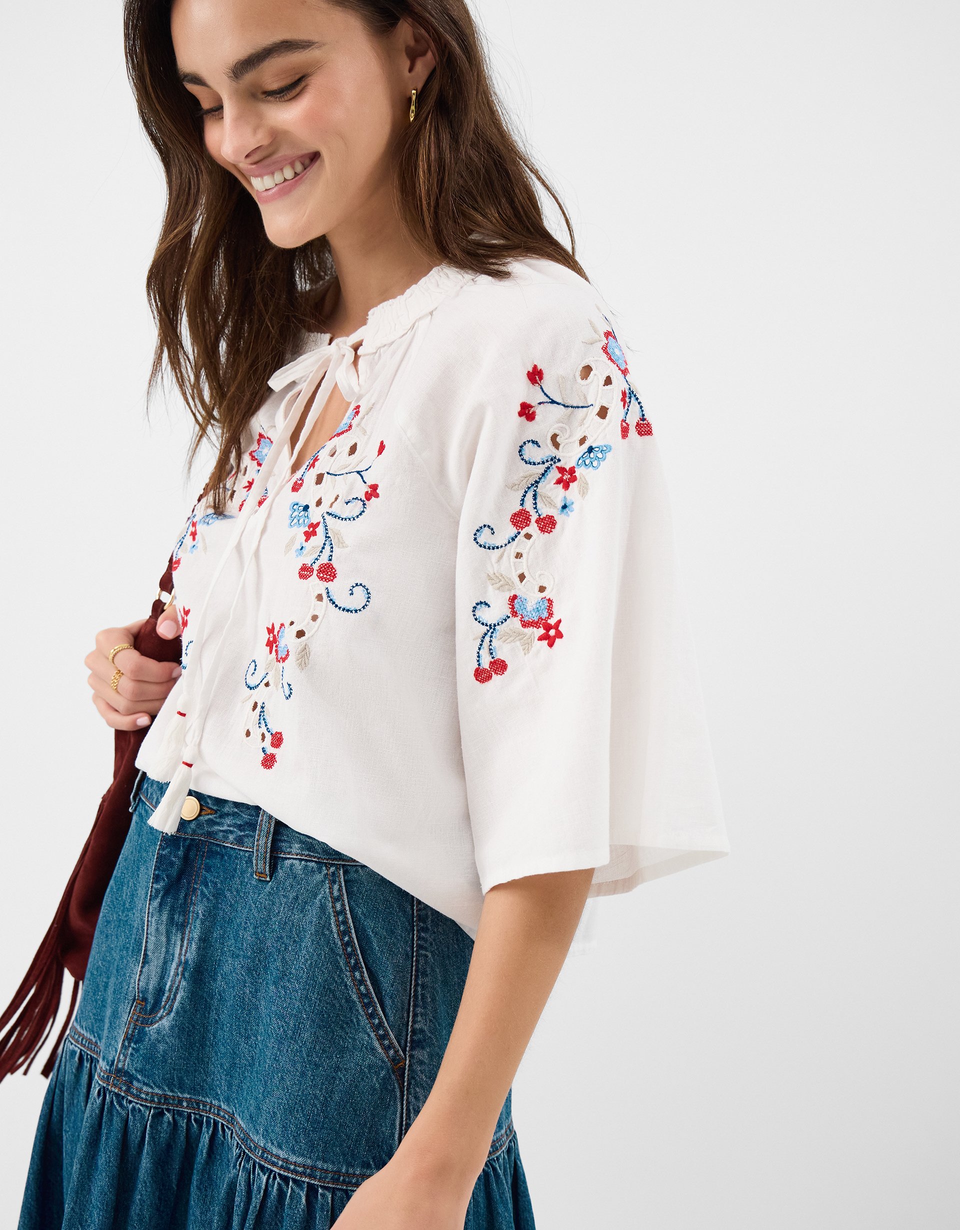 Accessorize Cotton Embroidered Floral Blouse, White, Size: M