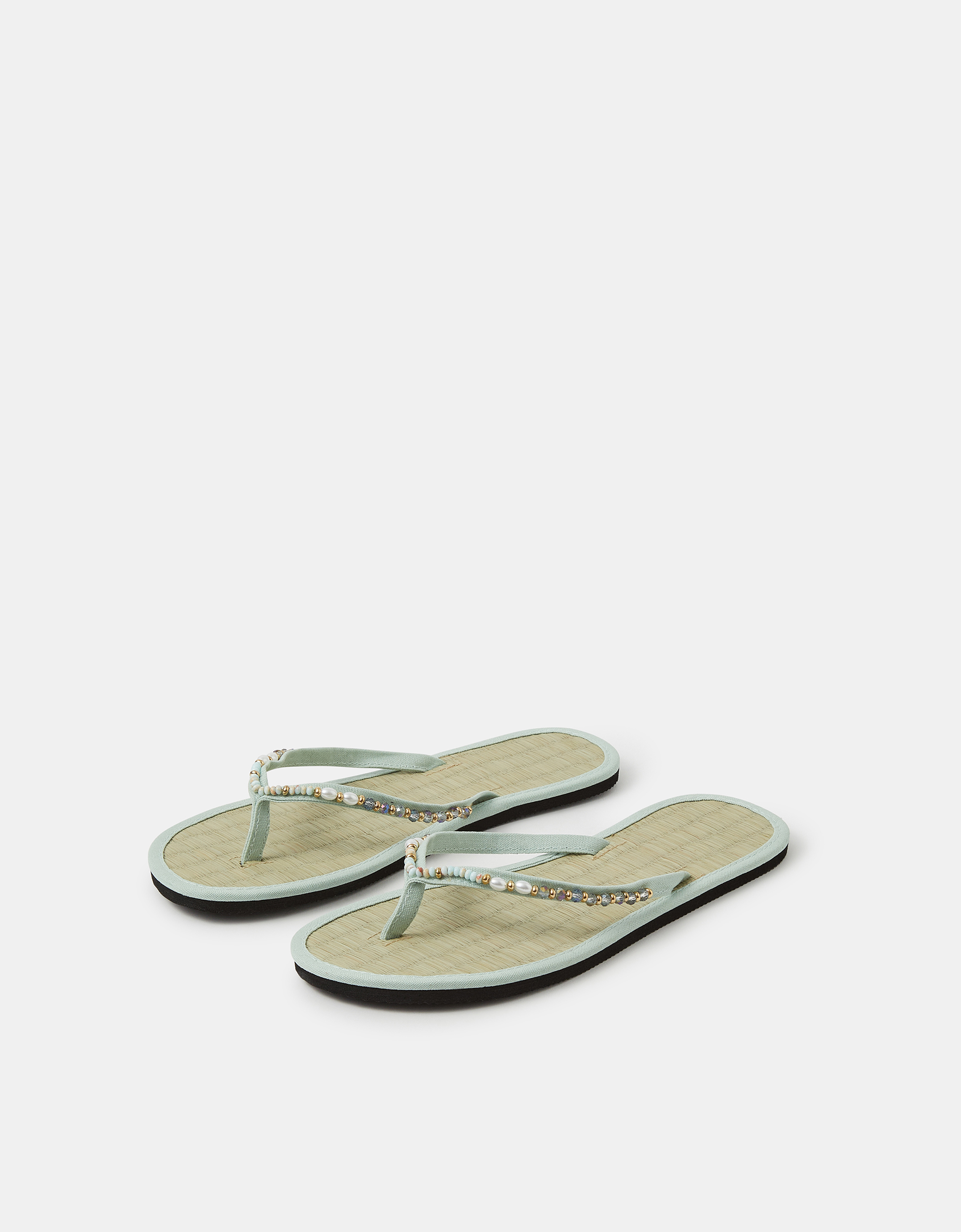 Accessorize Bead Embellished Seagrass Flip Flops, Green, Size: M