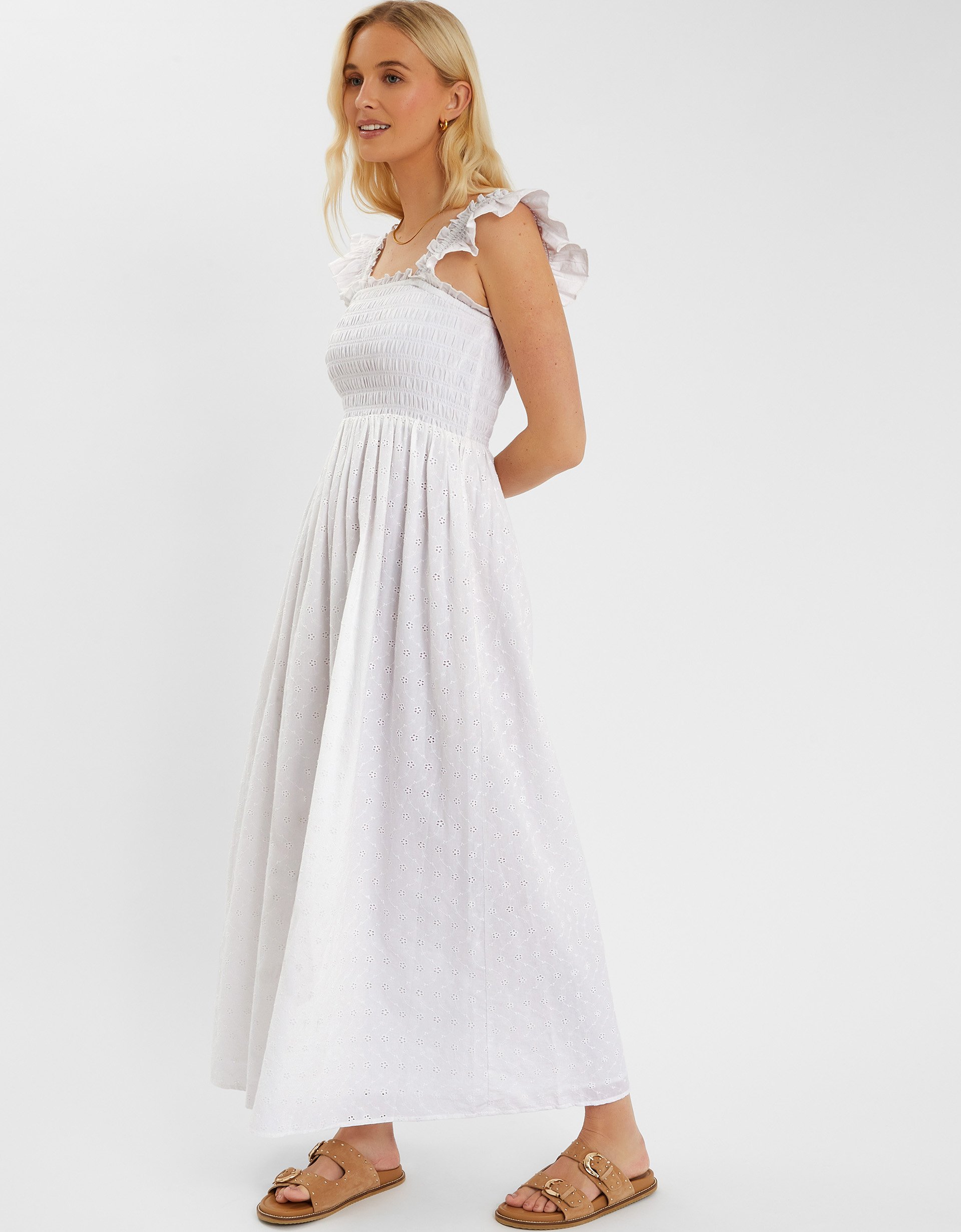 Sleeveless Smocked Broderie Sundress White, Size: L - Accessorize