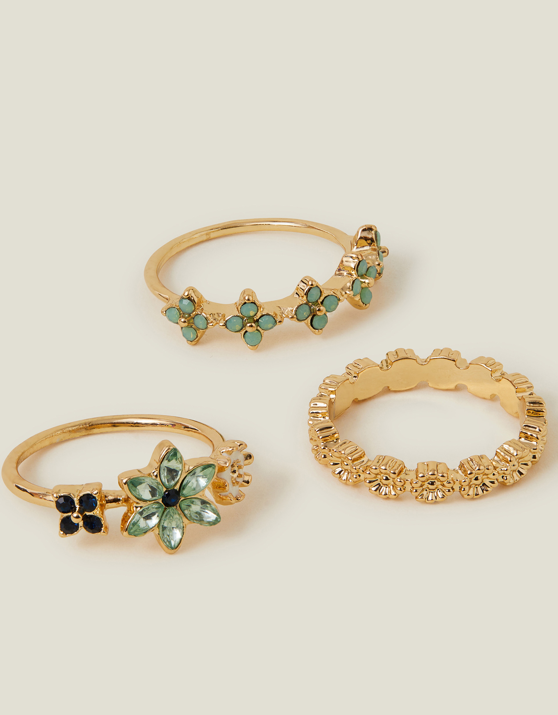 3-Pack Sparkle Flower Rings Green, Size: M - Accessorize