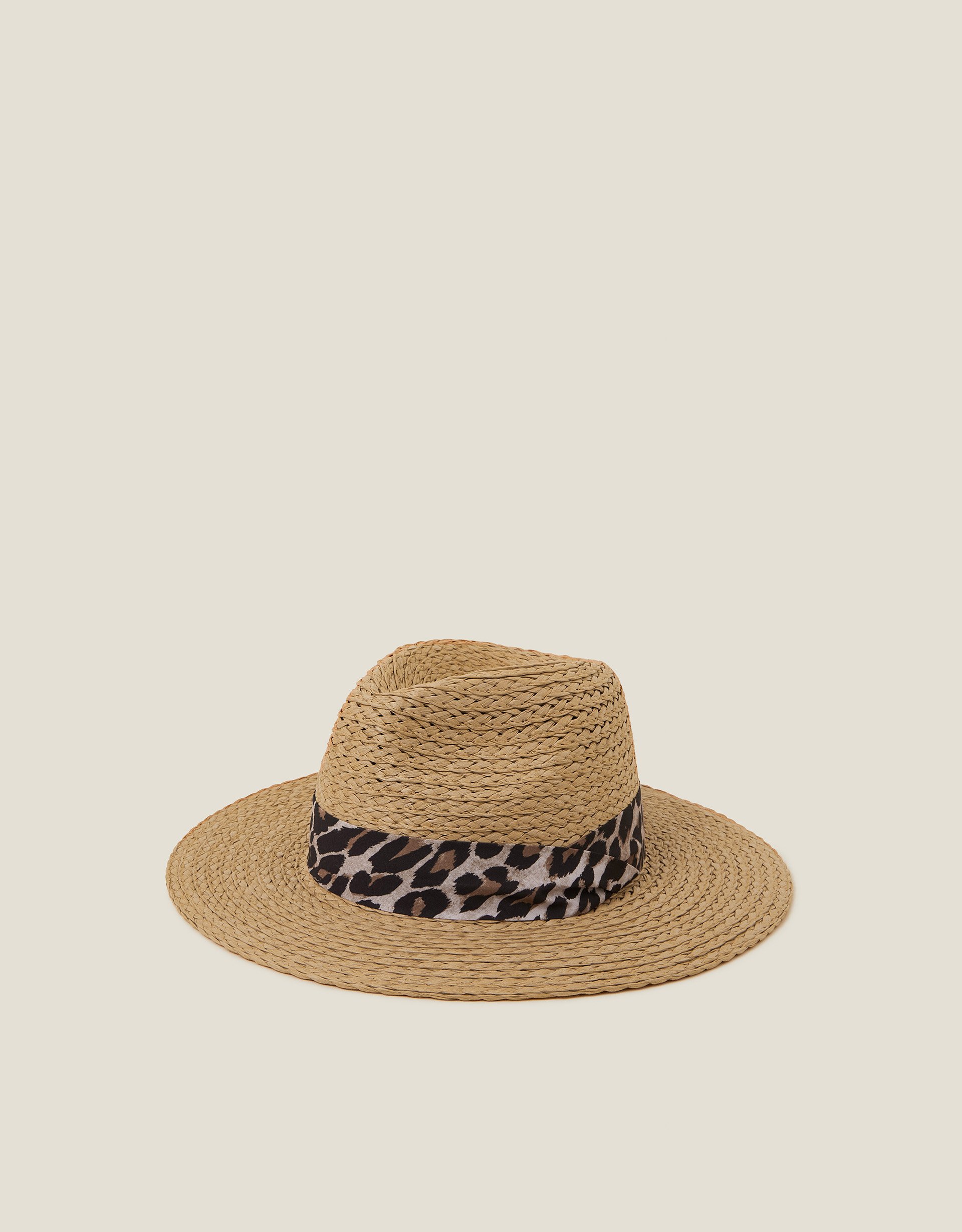 Leopard Trim Straw Fedora Hat Natural - Accessorize