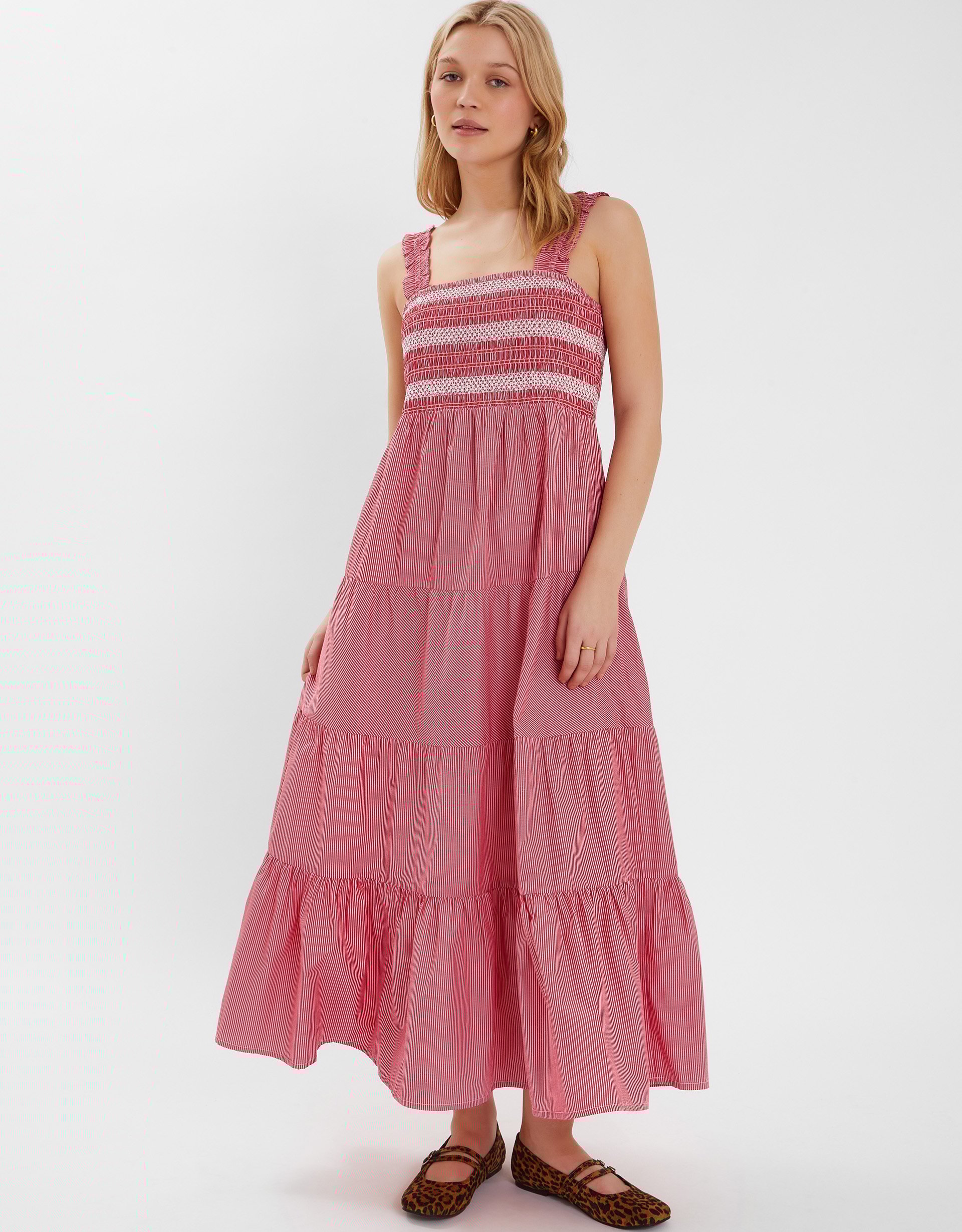 Stripe Smocked Maxi Dress Red, Size: S - Accessorize