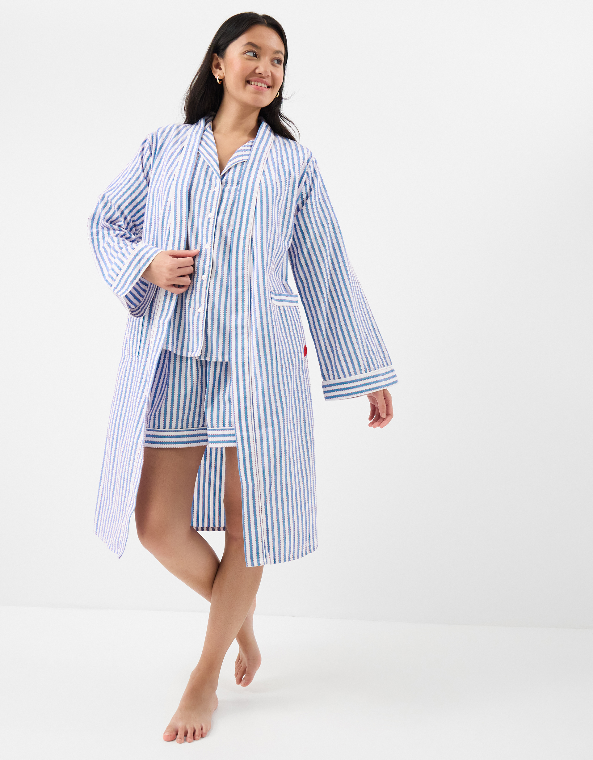 Blue & White Cotton Striped Bisou Dressing Gown, Size: S, Women's - Accessorize