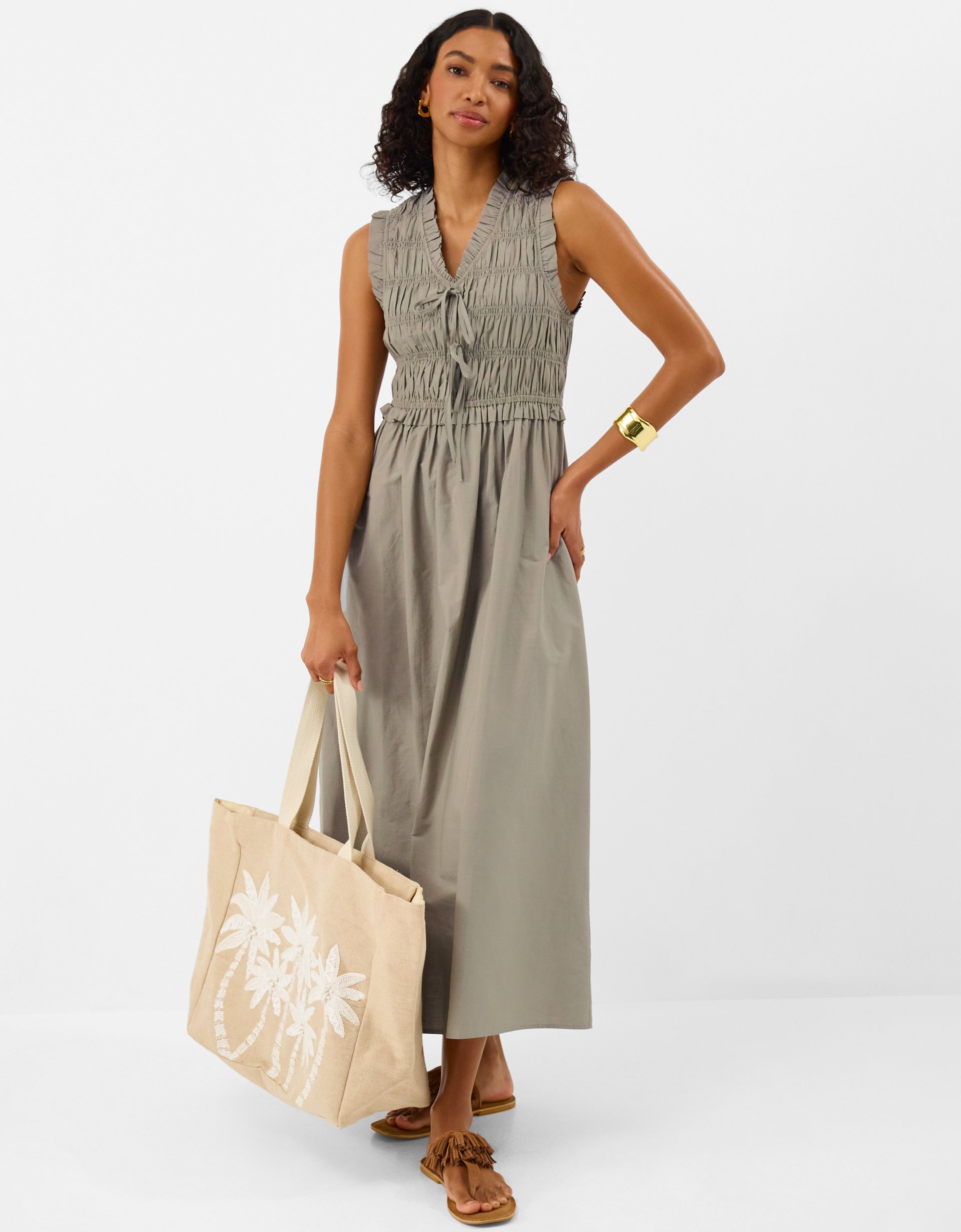 Accessorize Midi Cotton V-neck Casual Sleeveless Fit and Flare Regular A - Line Tie Front Smocked Dress Green, Light Size: M