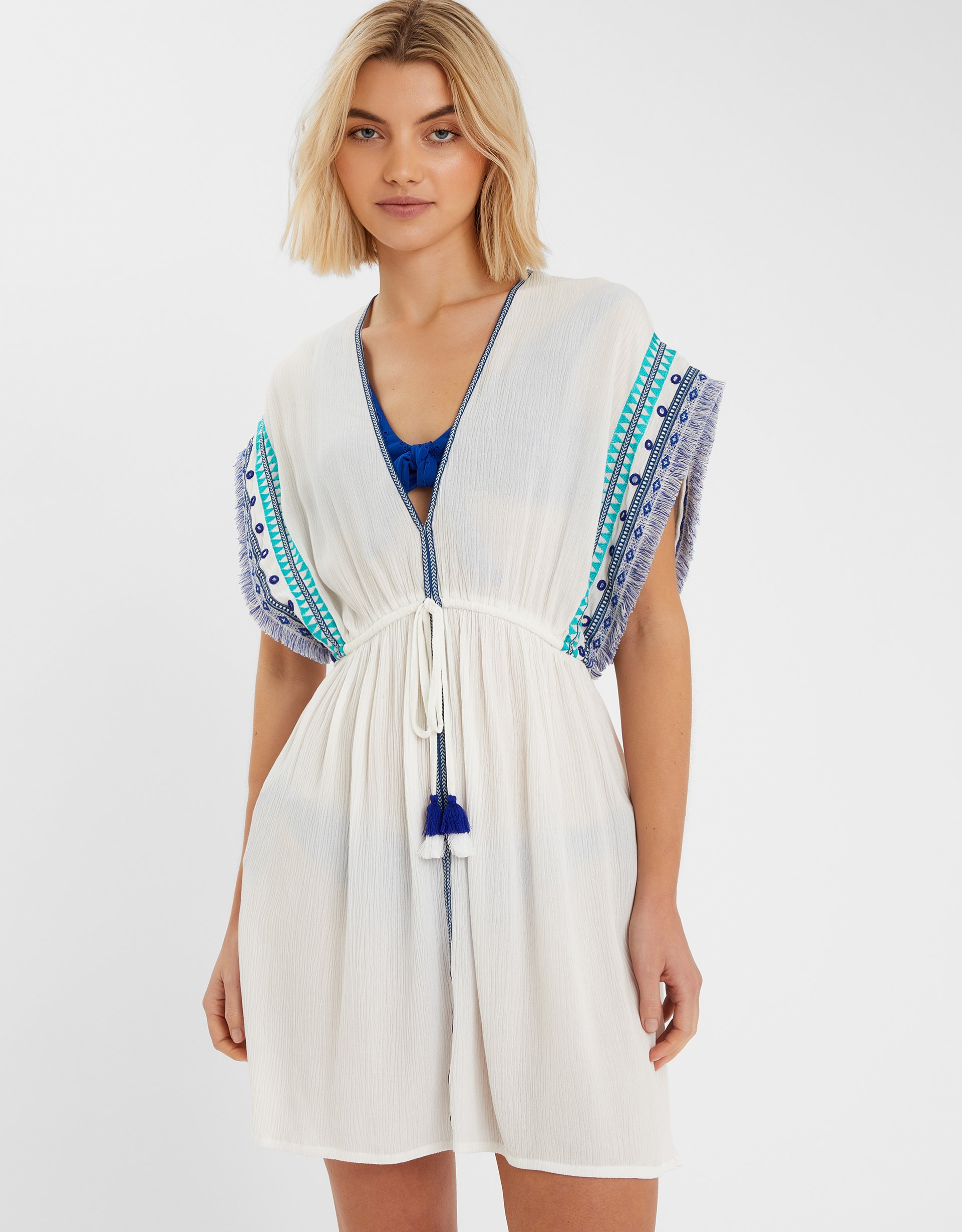 White & Navy Embroidered Fringe Mini Kaftan, Size: XL, Women's - Accessorize