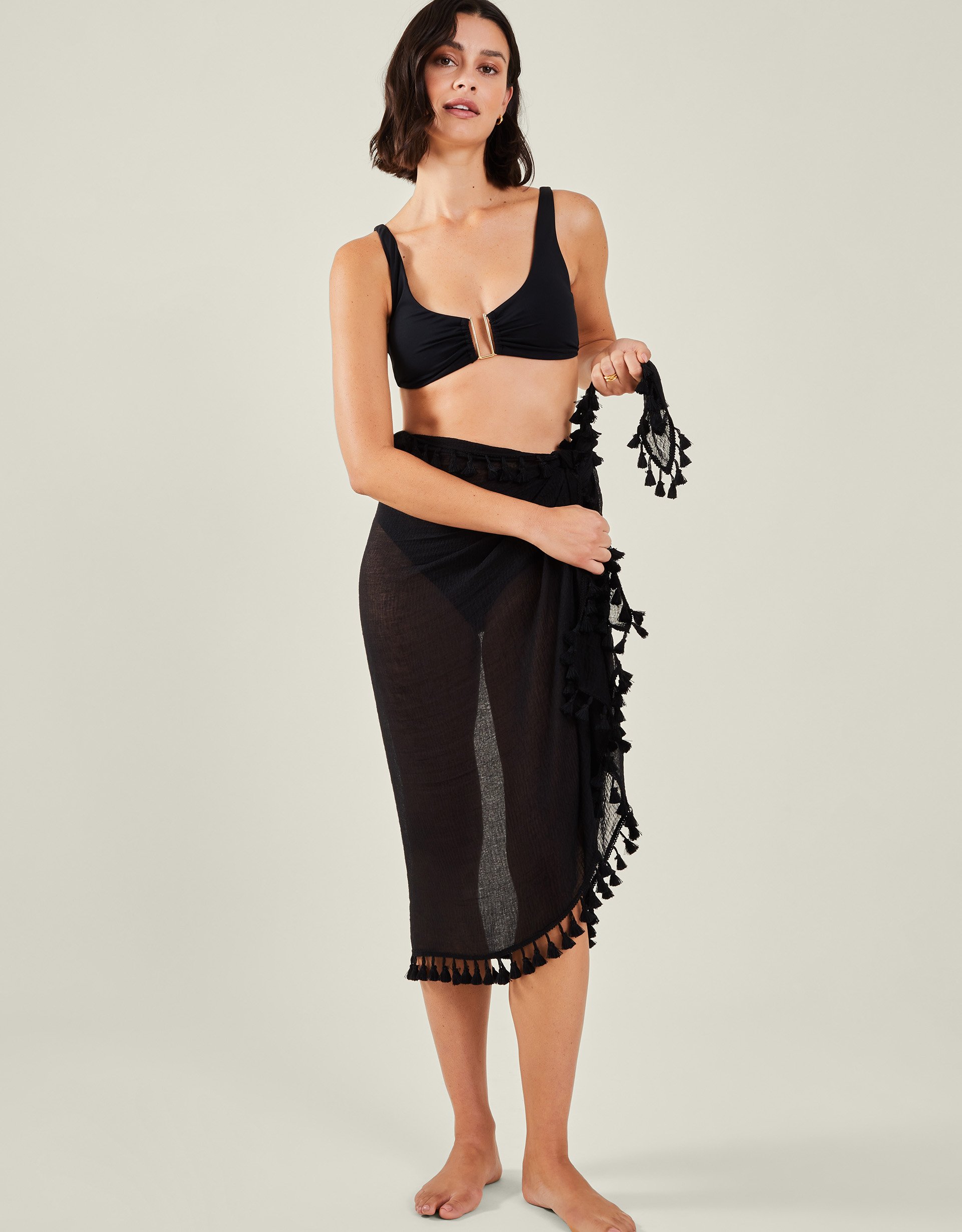 Accessorize Tassel Detail Trim Sarong, Black, Size: 86cm