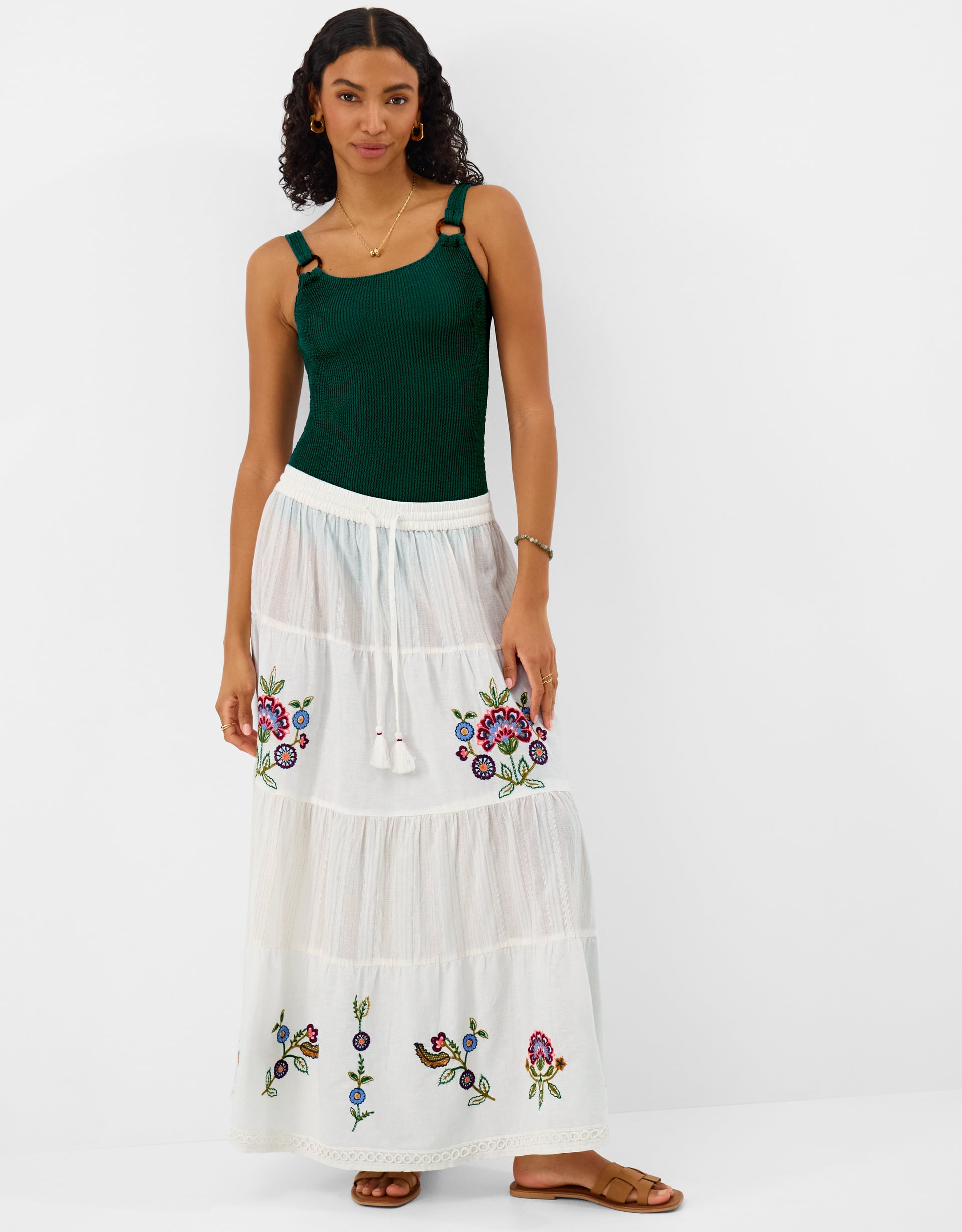 Floral Embroidered Tiered Maxi Skirt Ivory, Size: