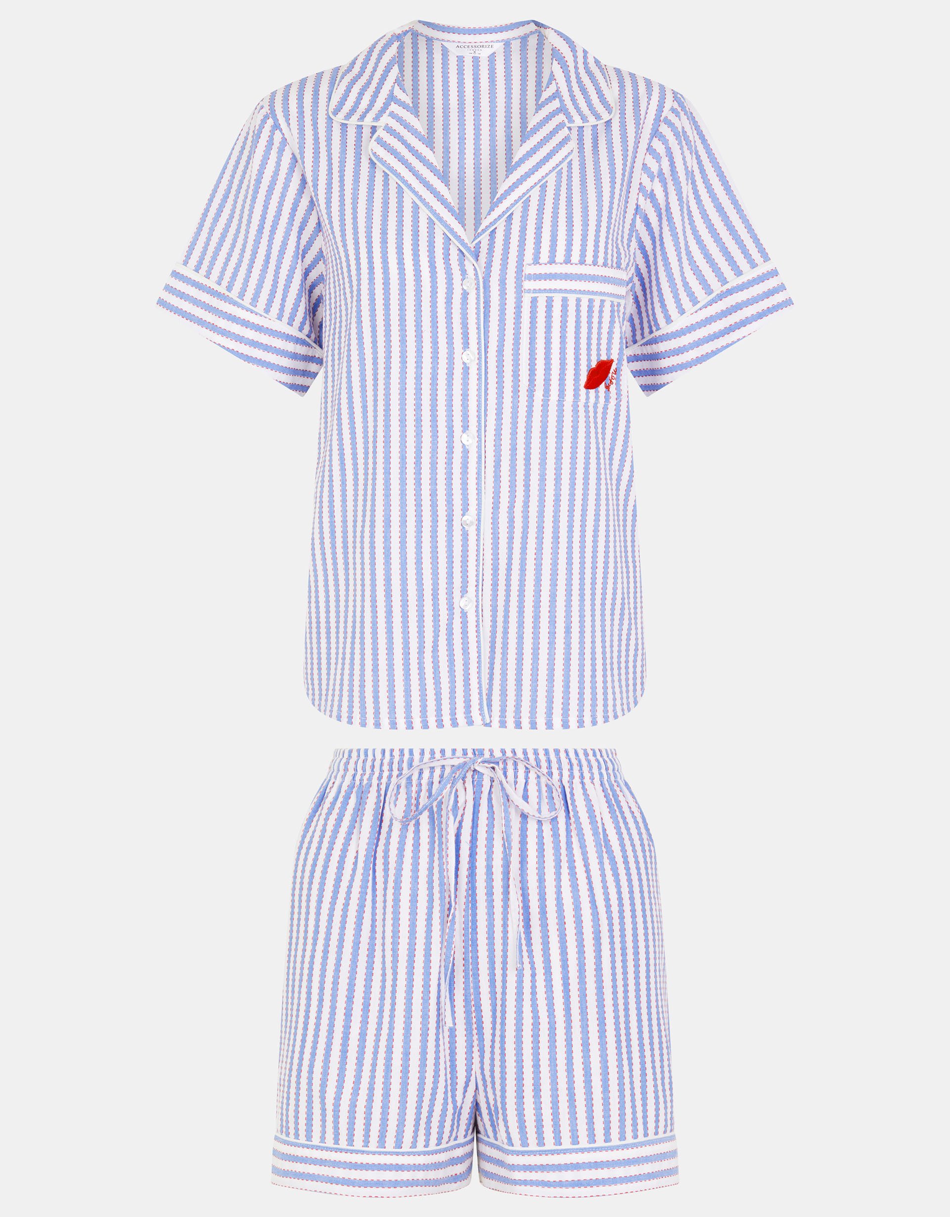 Bisou Stripe Short Pyjamas Set Blue, Size: XL - Accessorize