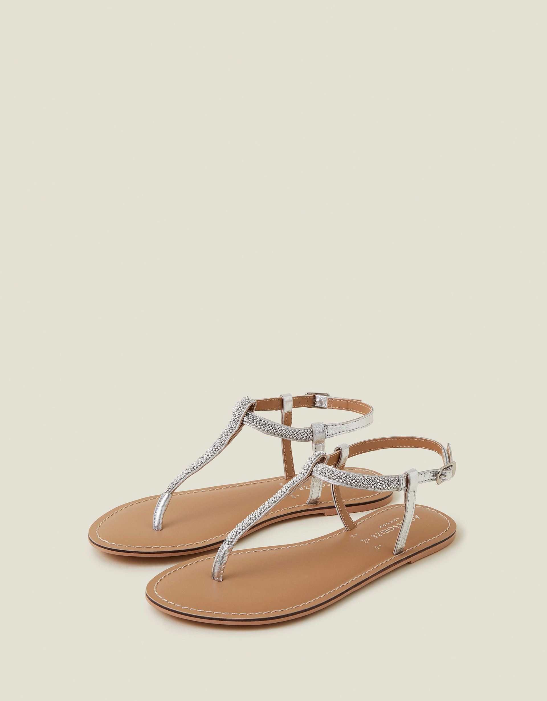 Strappy Beaded Sandals Silver, Size: 37, Women's - Accessorize