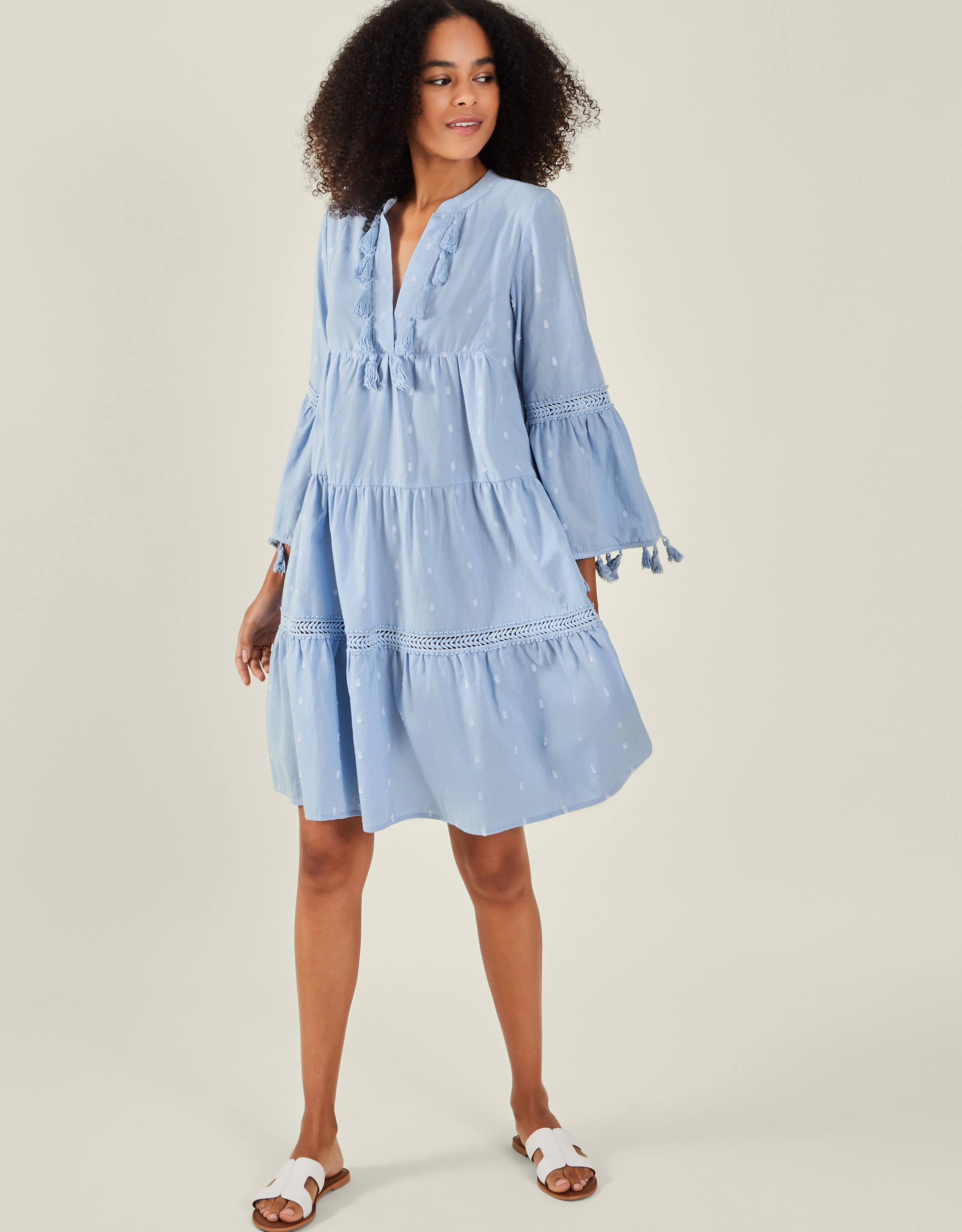 Blue Must-have Embroidered Cotton Flute Sleeve Tassel Tiered Mini Dress, Size: M, Women's - Accessorize