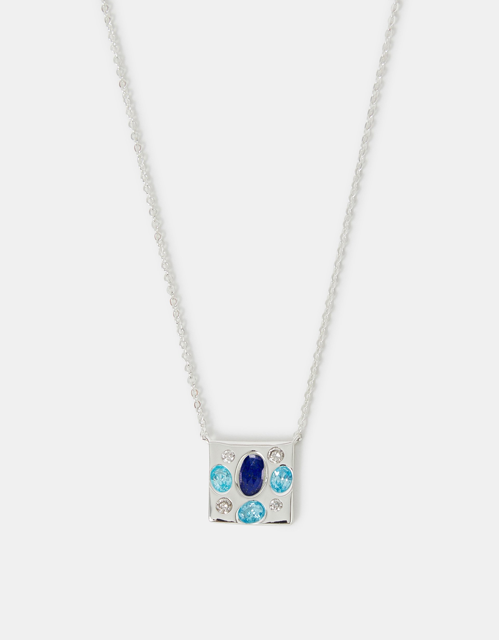 Aquamarine Sterling Silver-plated Stone Square Pendant Necklace - Accessorize