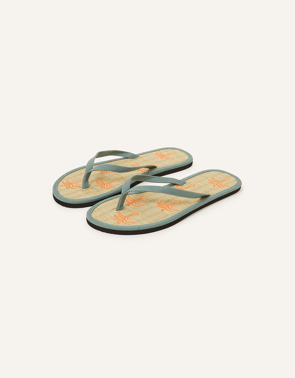 Accessorize Women's Green Embroidered Palm Tree Seagrass Flip Flops, Size: M