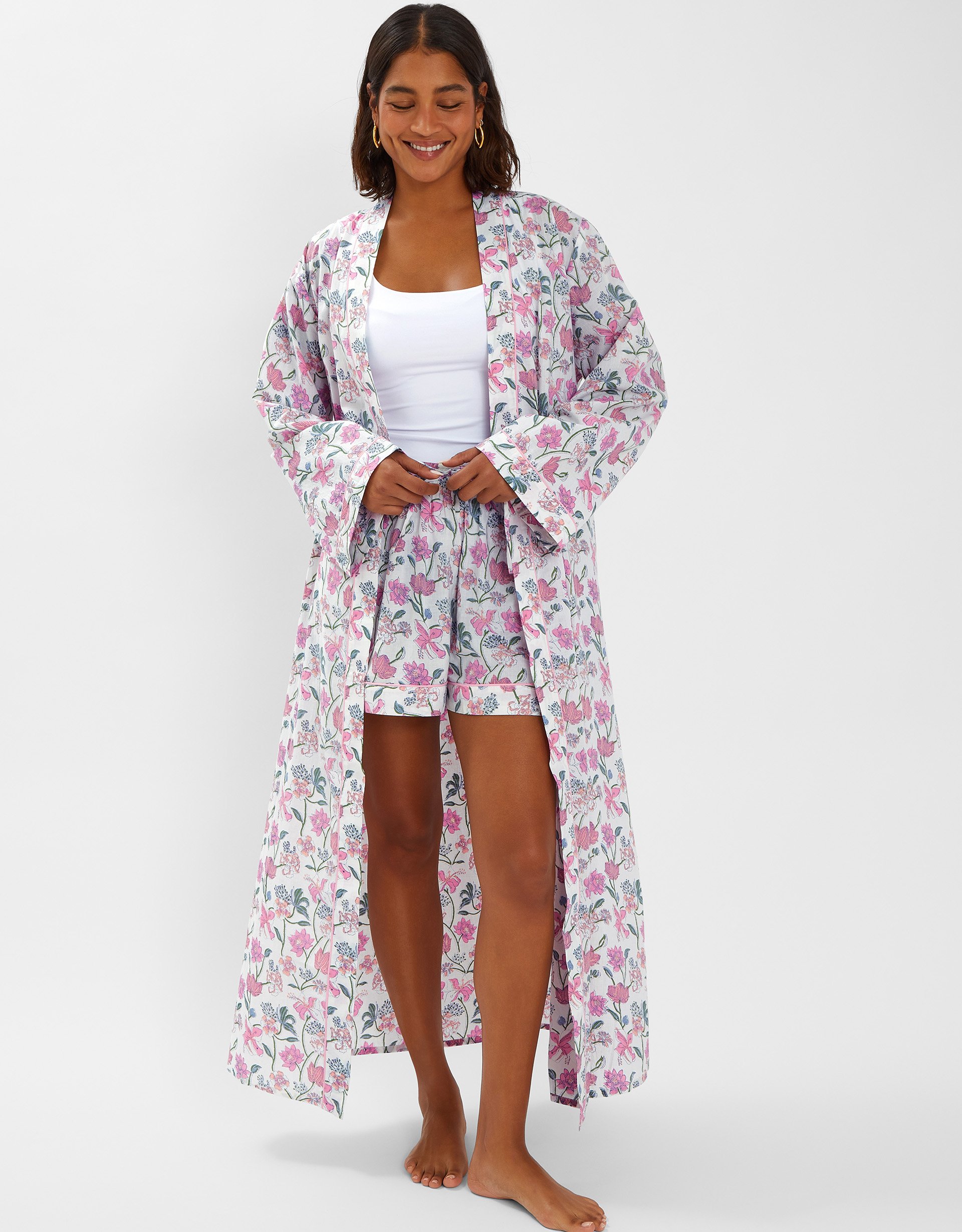 Pink, White & Green Cotton Jasmine Print Dressing Gown, Size: M, Women's - Accessorize