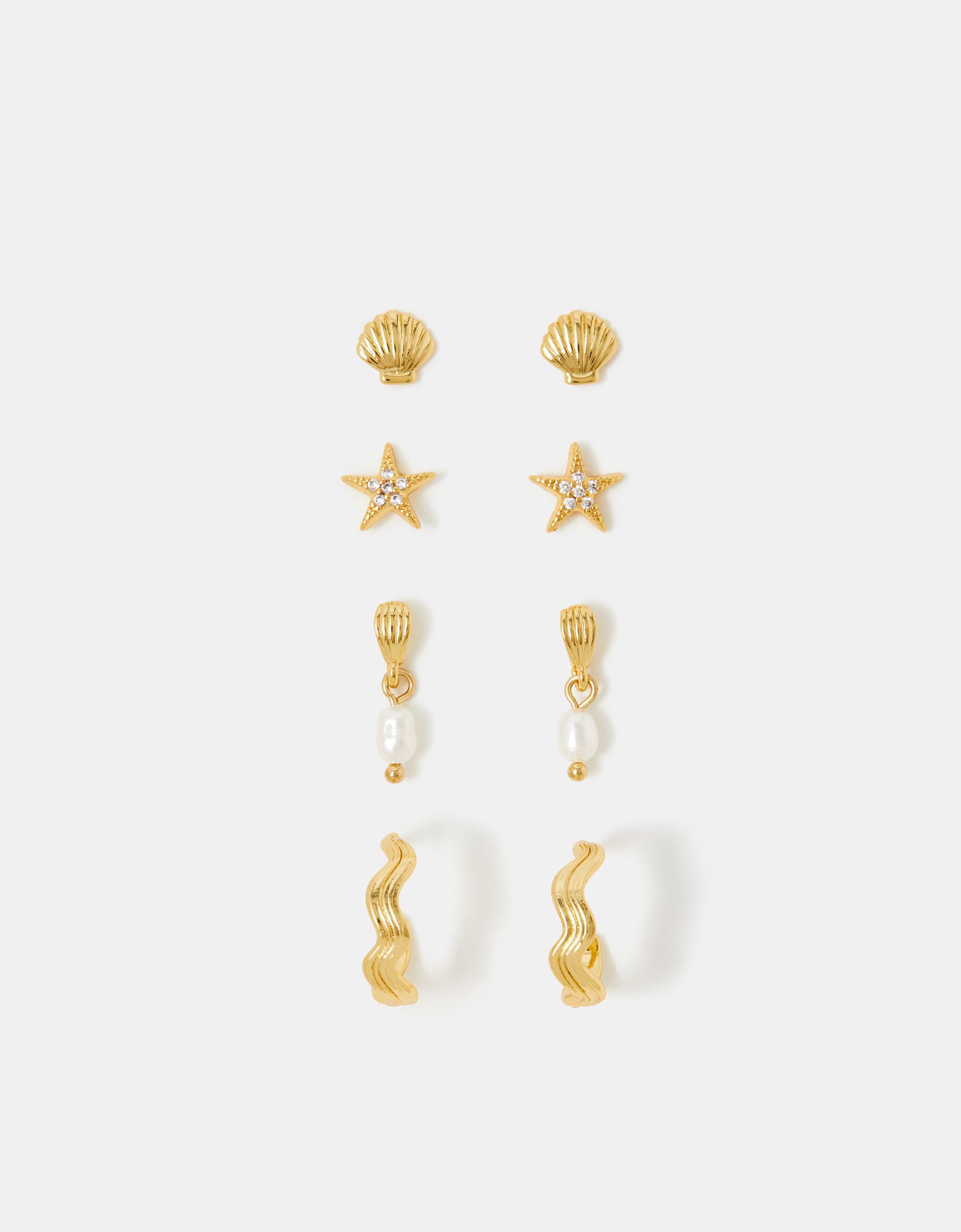 Accessorize - 4-Pack 14ct Gold-Plated Shell Pearl Stud & Hoop Earrings, Gold, Size: 0.5cm